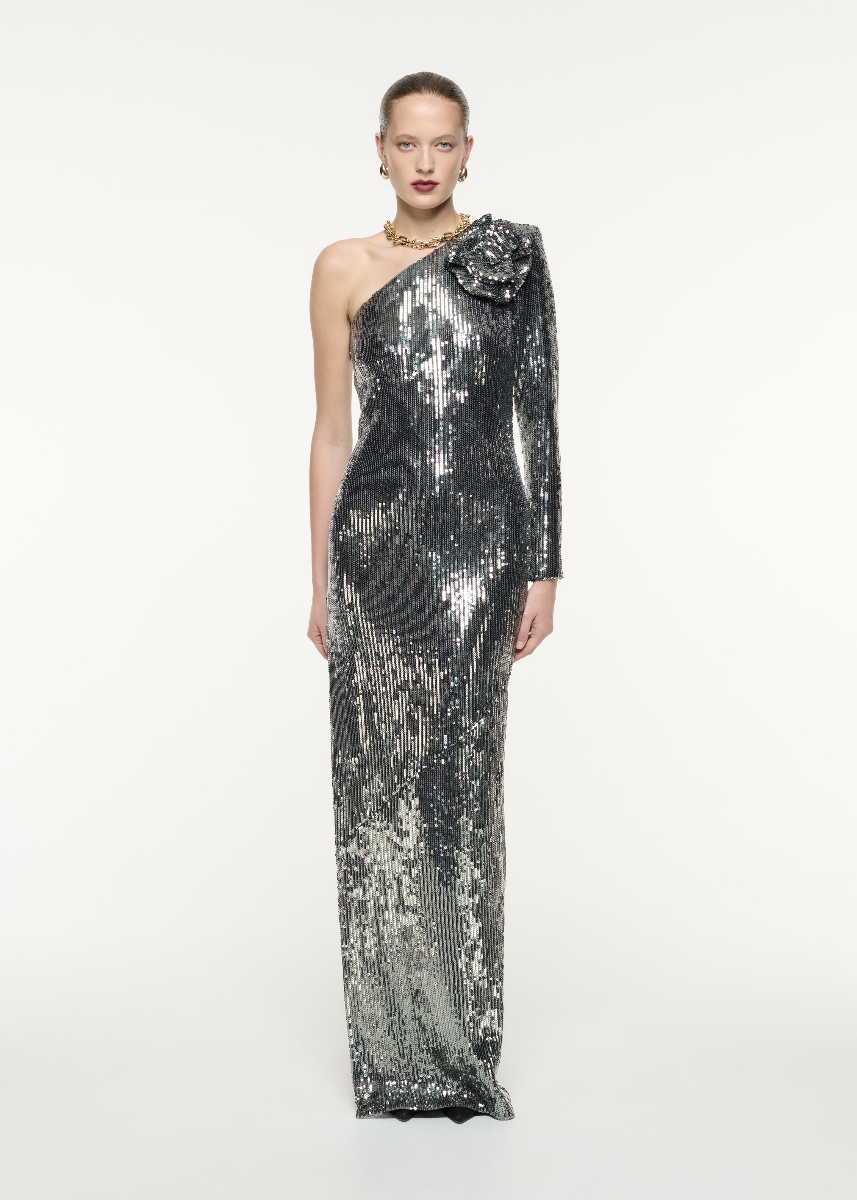 Asymmetric Sequin Flower Gown