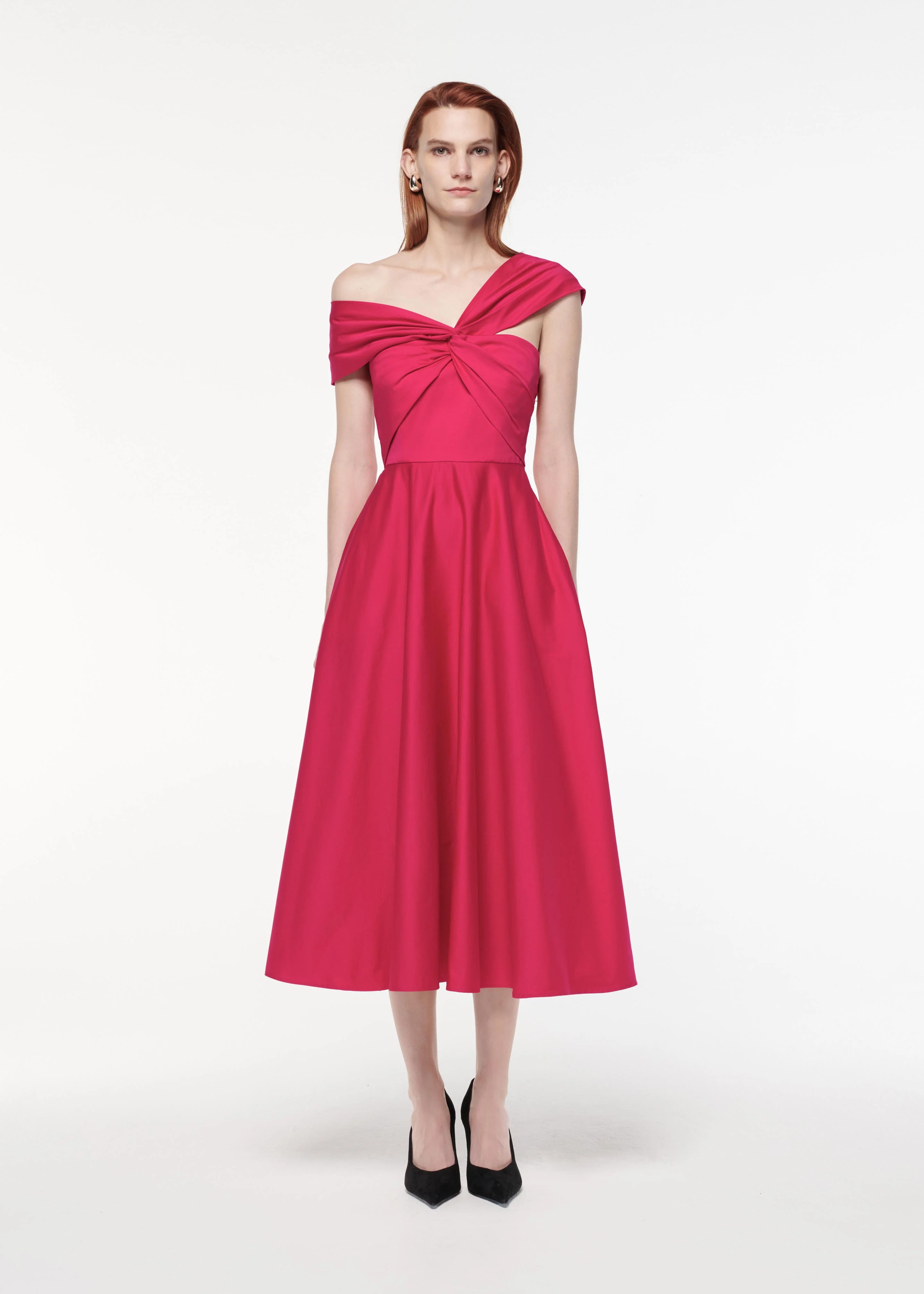 Asymmetric Stretch Cotton Poplin Midi Dress
