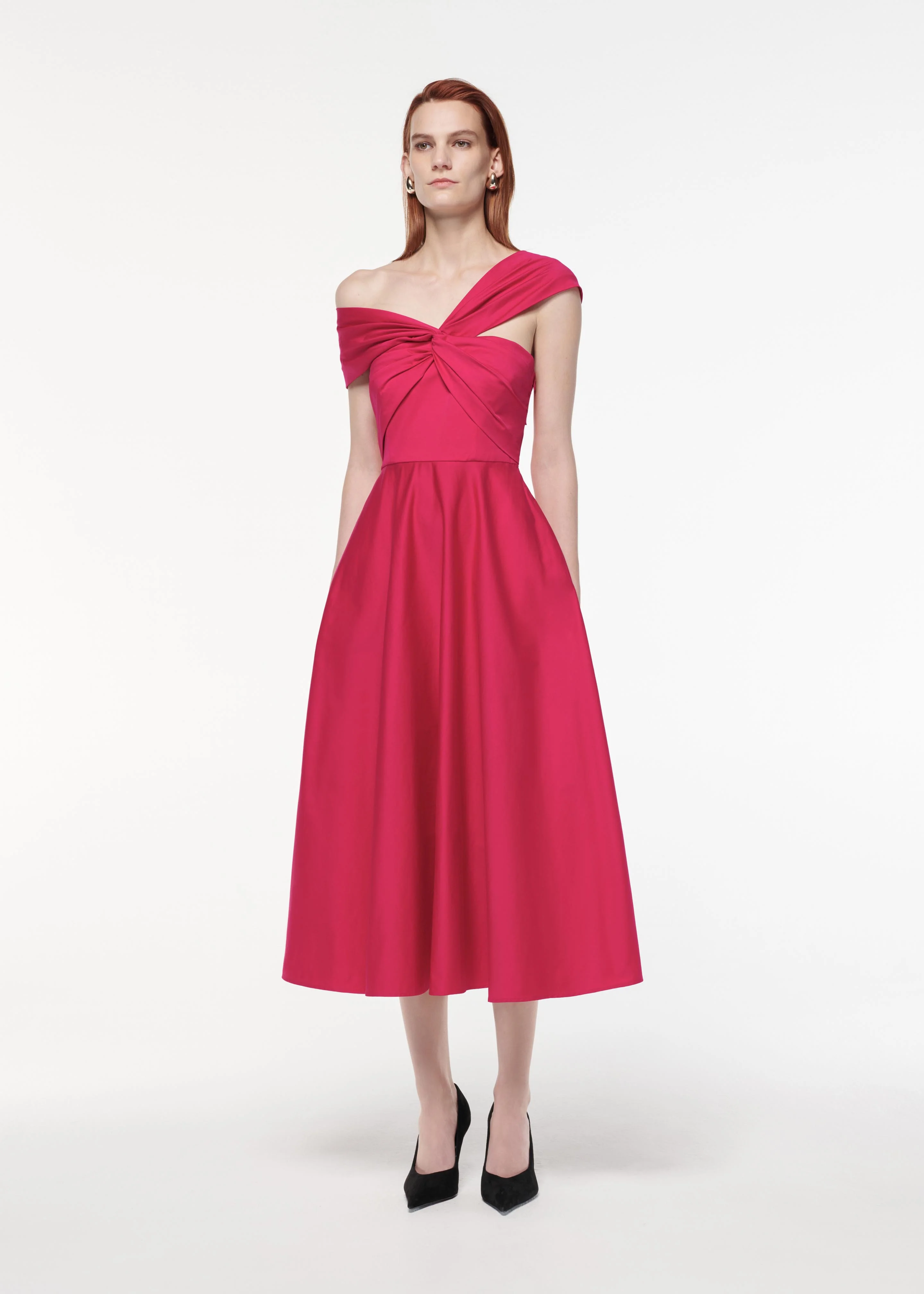 Asymmetric Stretch Cotton Poplin Midi Dress - Image 2