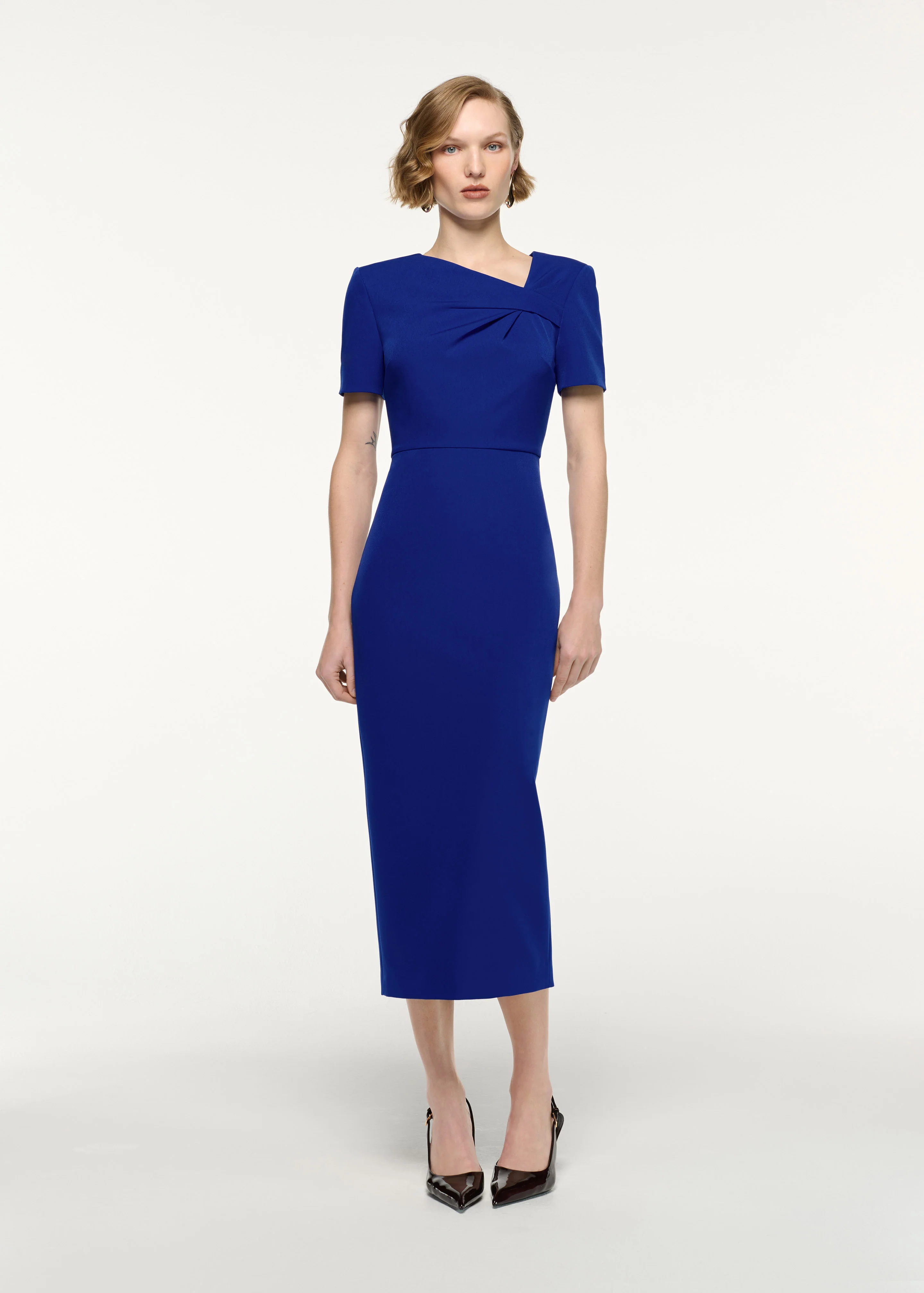 Asymmetric Twist Drape Midi Dress