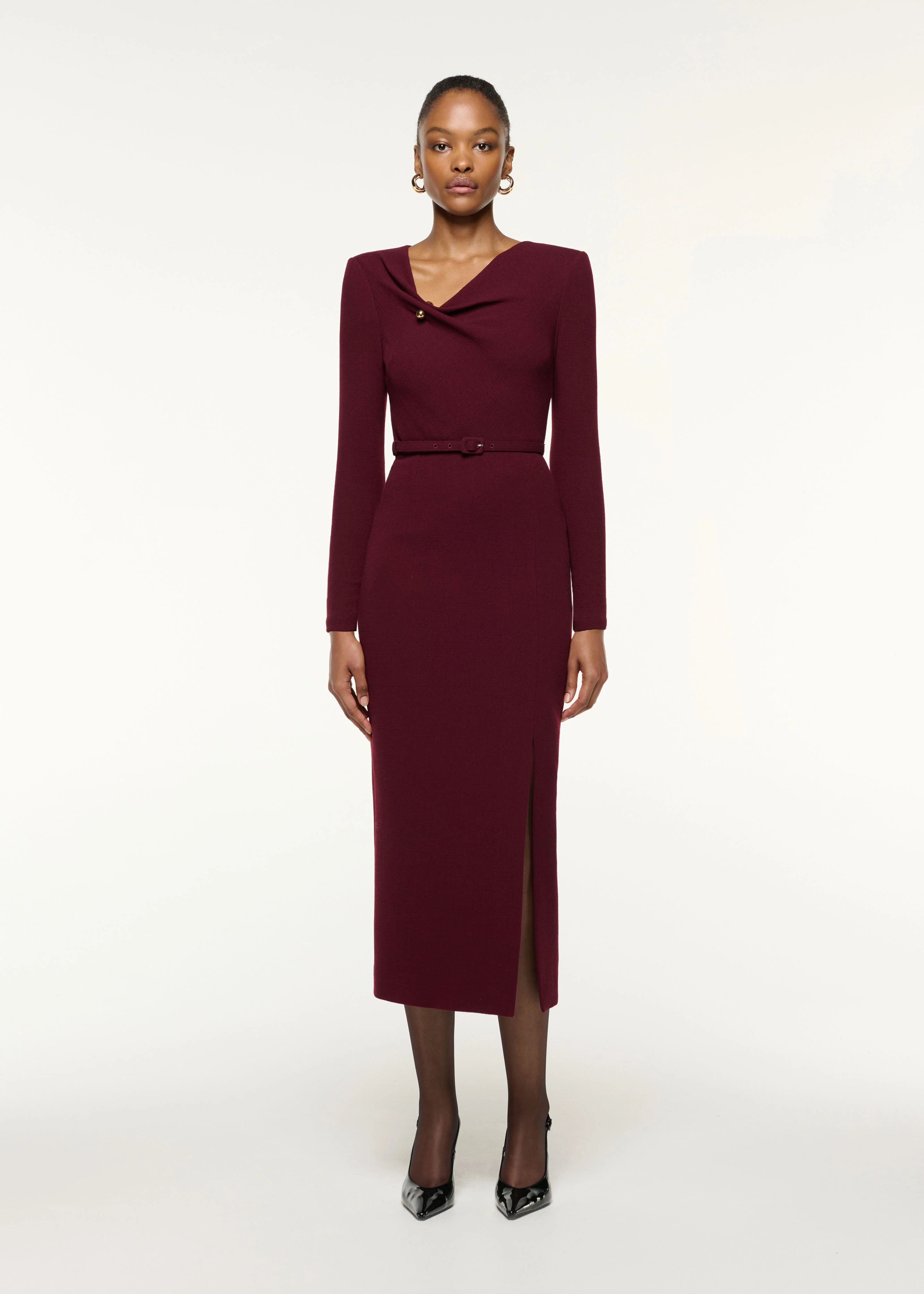 Asymmetrical Draped Neck Belted Wool Dress