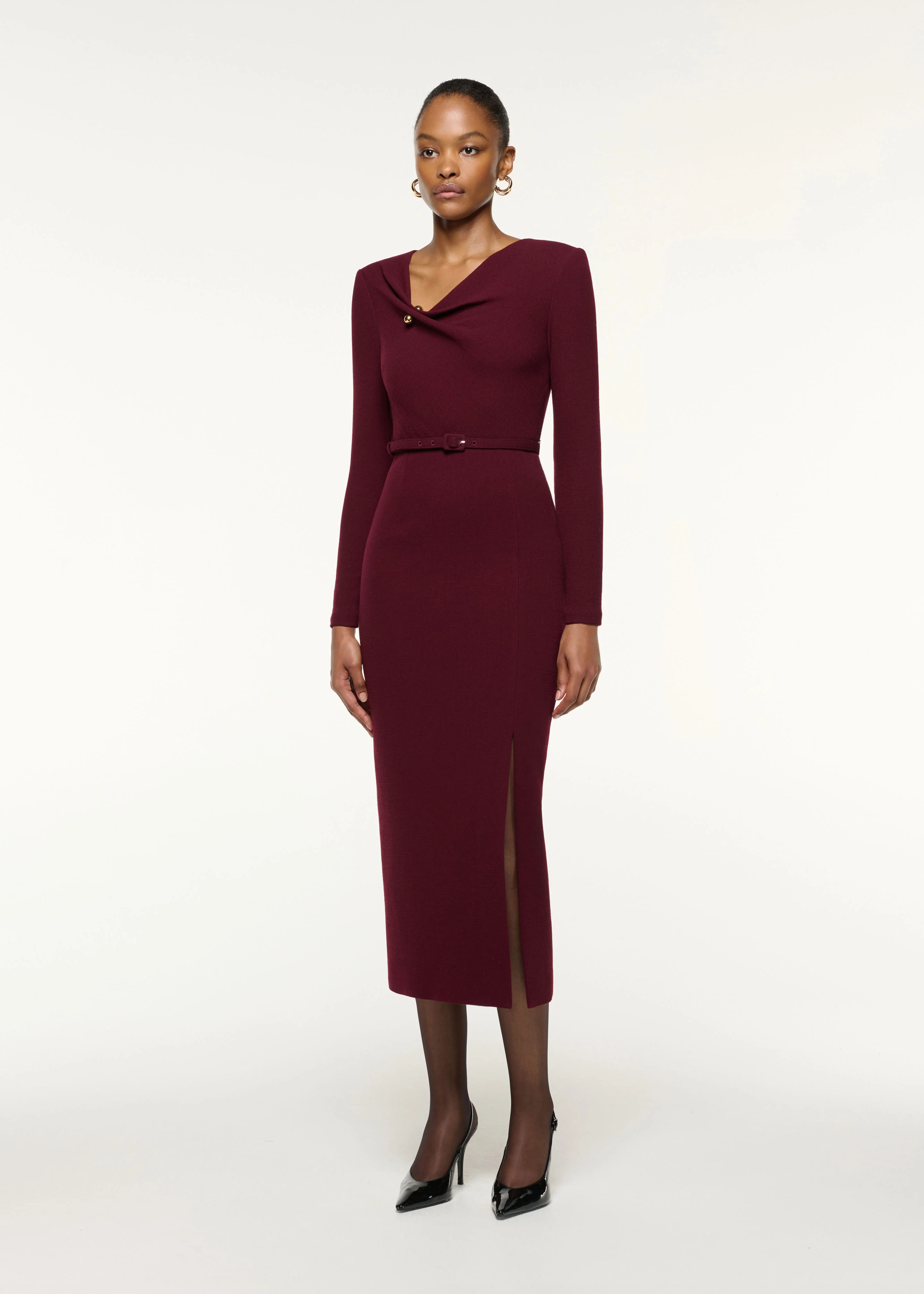 Asymmetrical Draped Neck Belted Wool Dress - Image 2