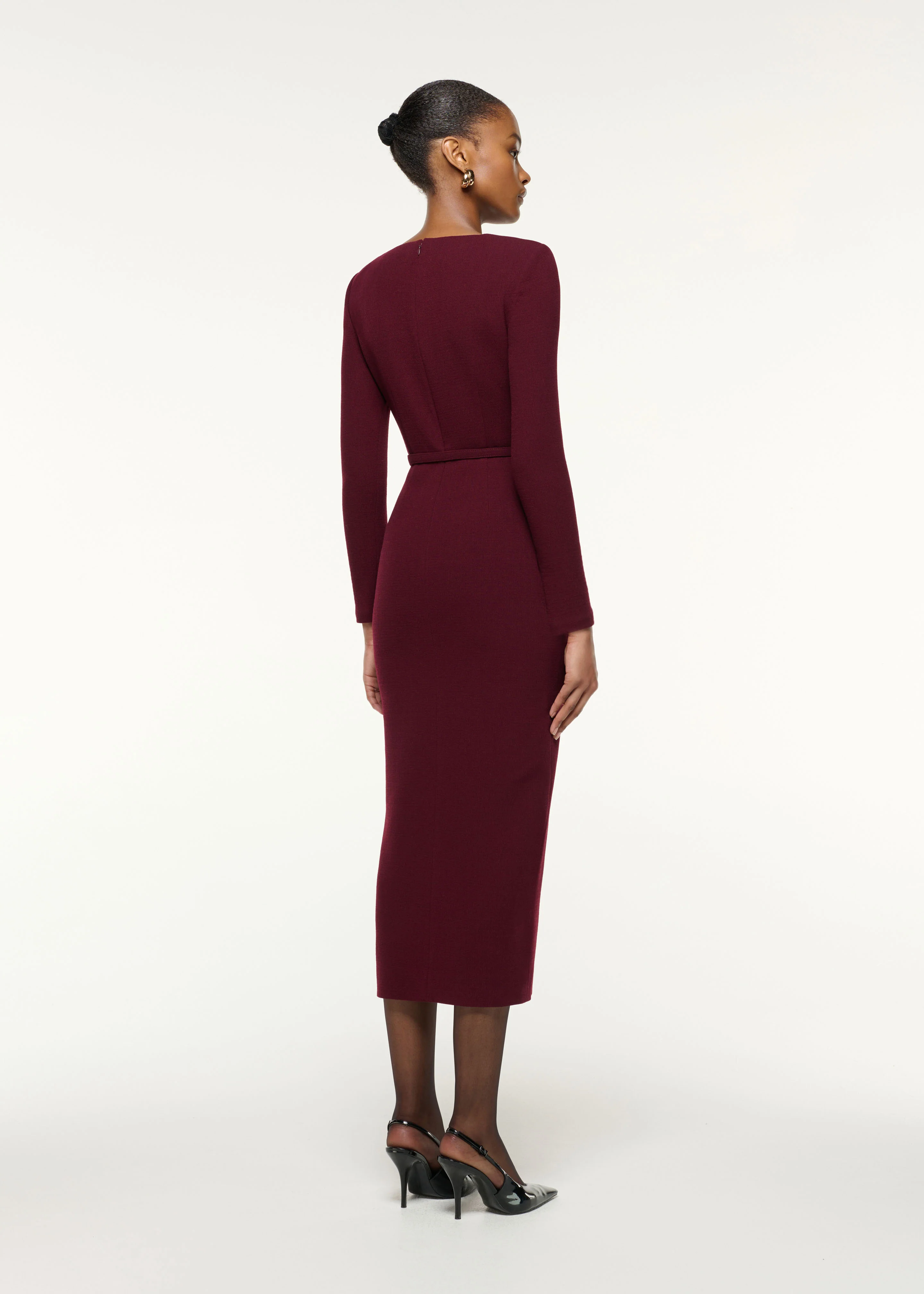 Asymmetrical Draped Neck Belted Wool Dress - Image 3