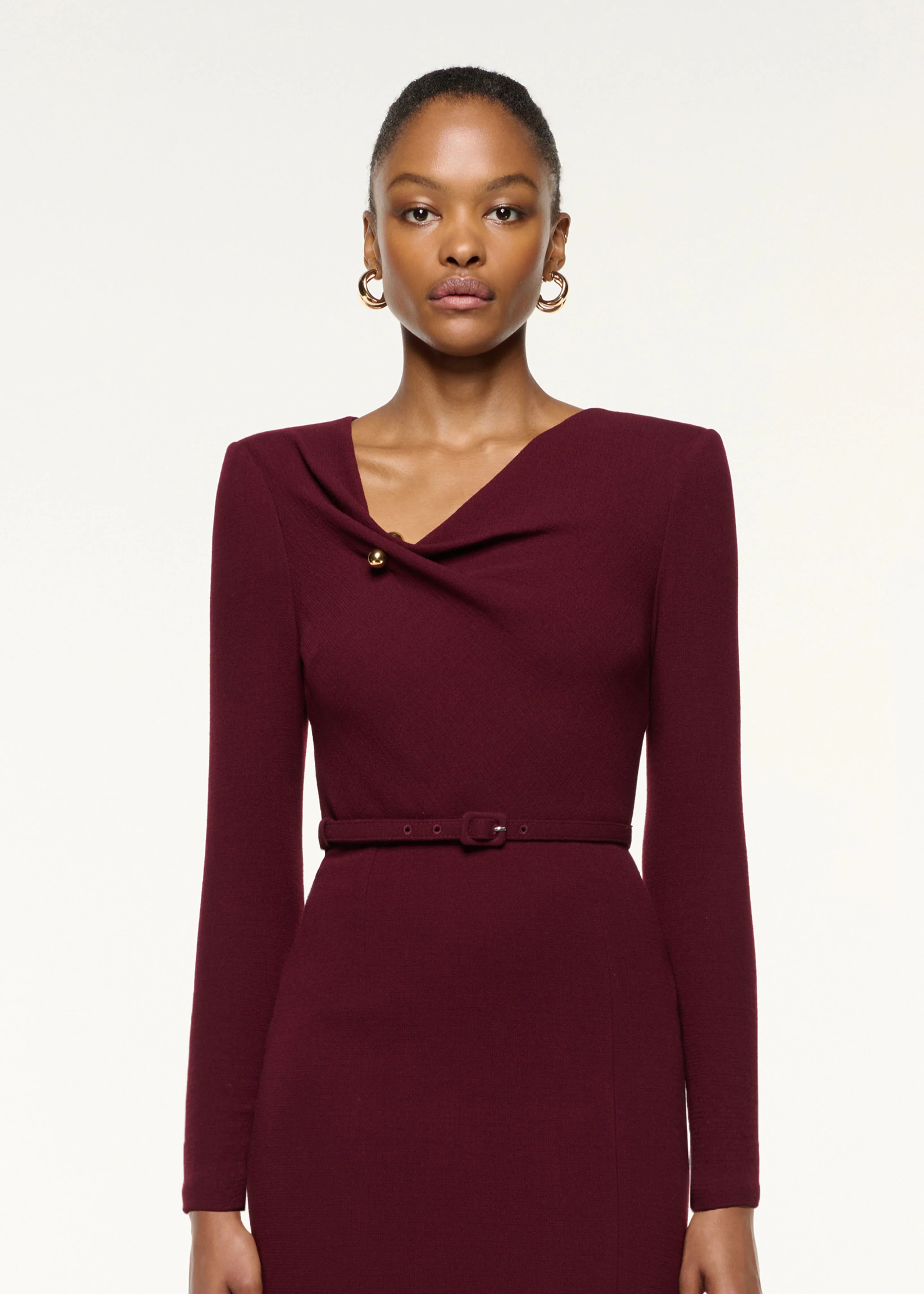 Asymmetrical Draped Neck Belted Wool Dress - Image 4