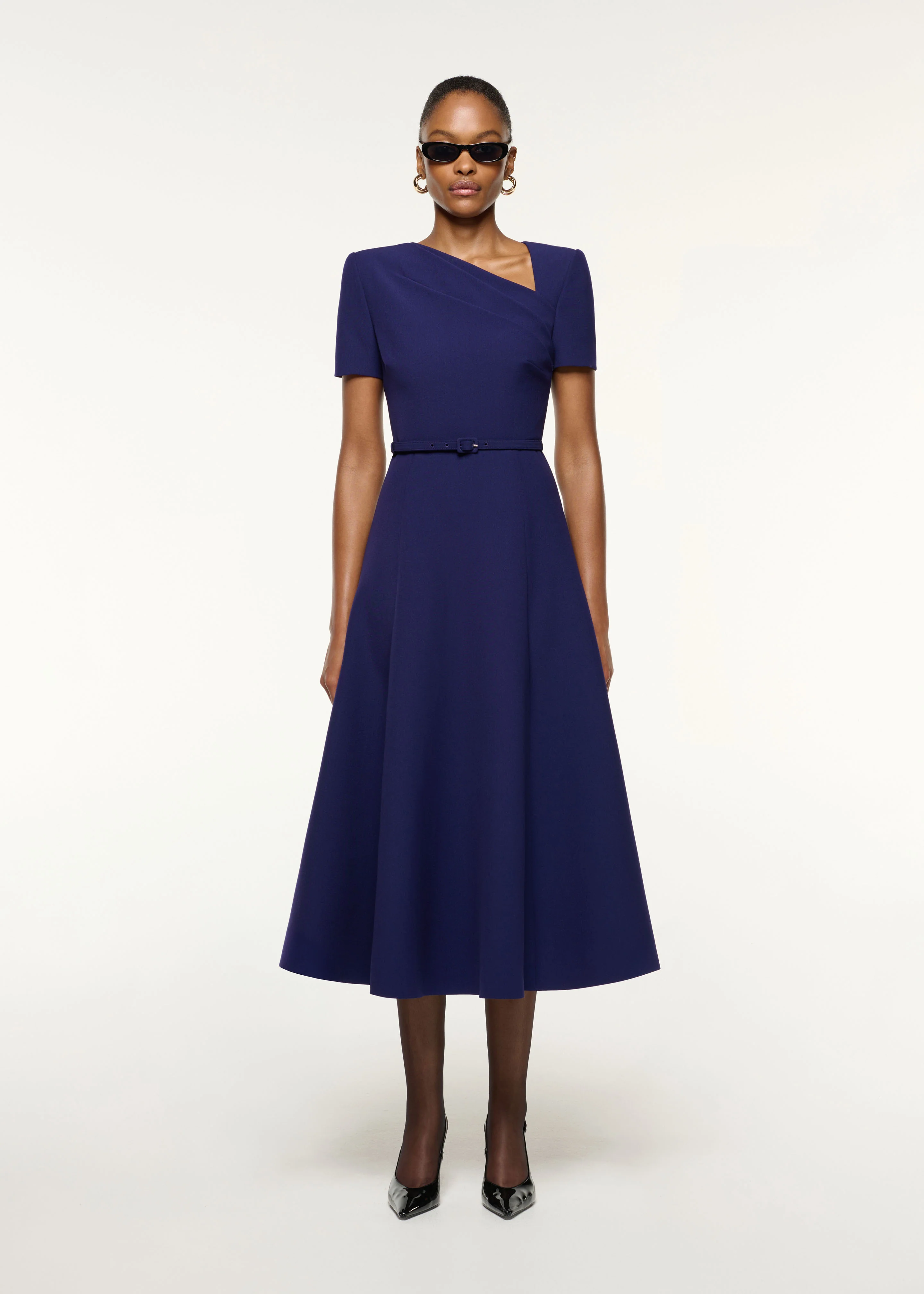 Asymmetrical Neckline Crepe Midi Dress