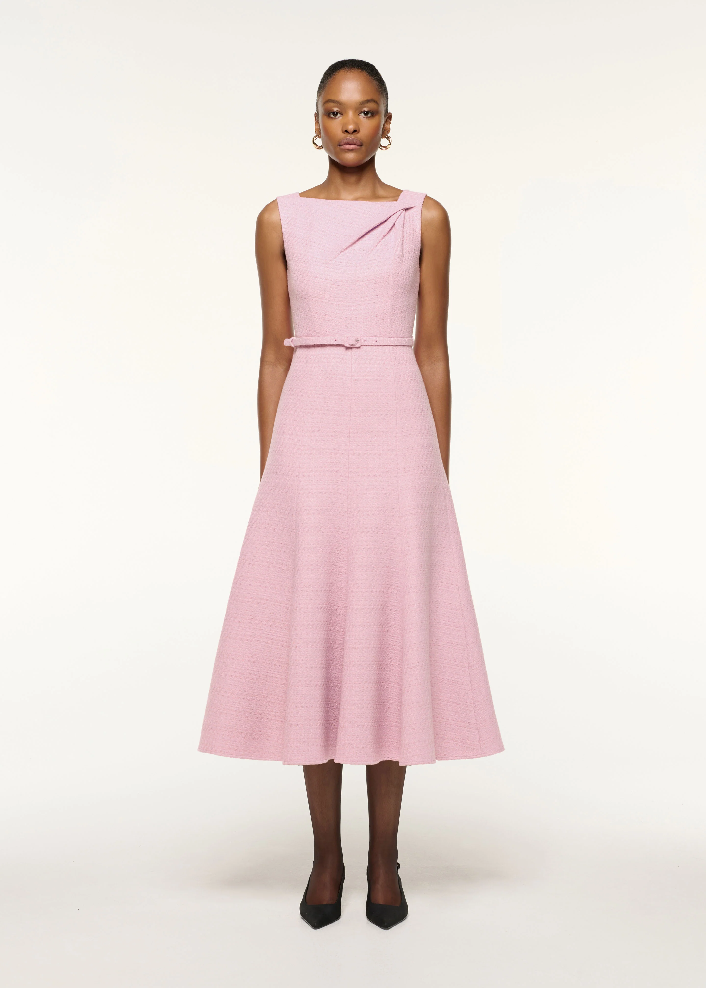 Asymmetrical Twist Belted Boucle Dress