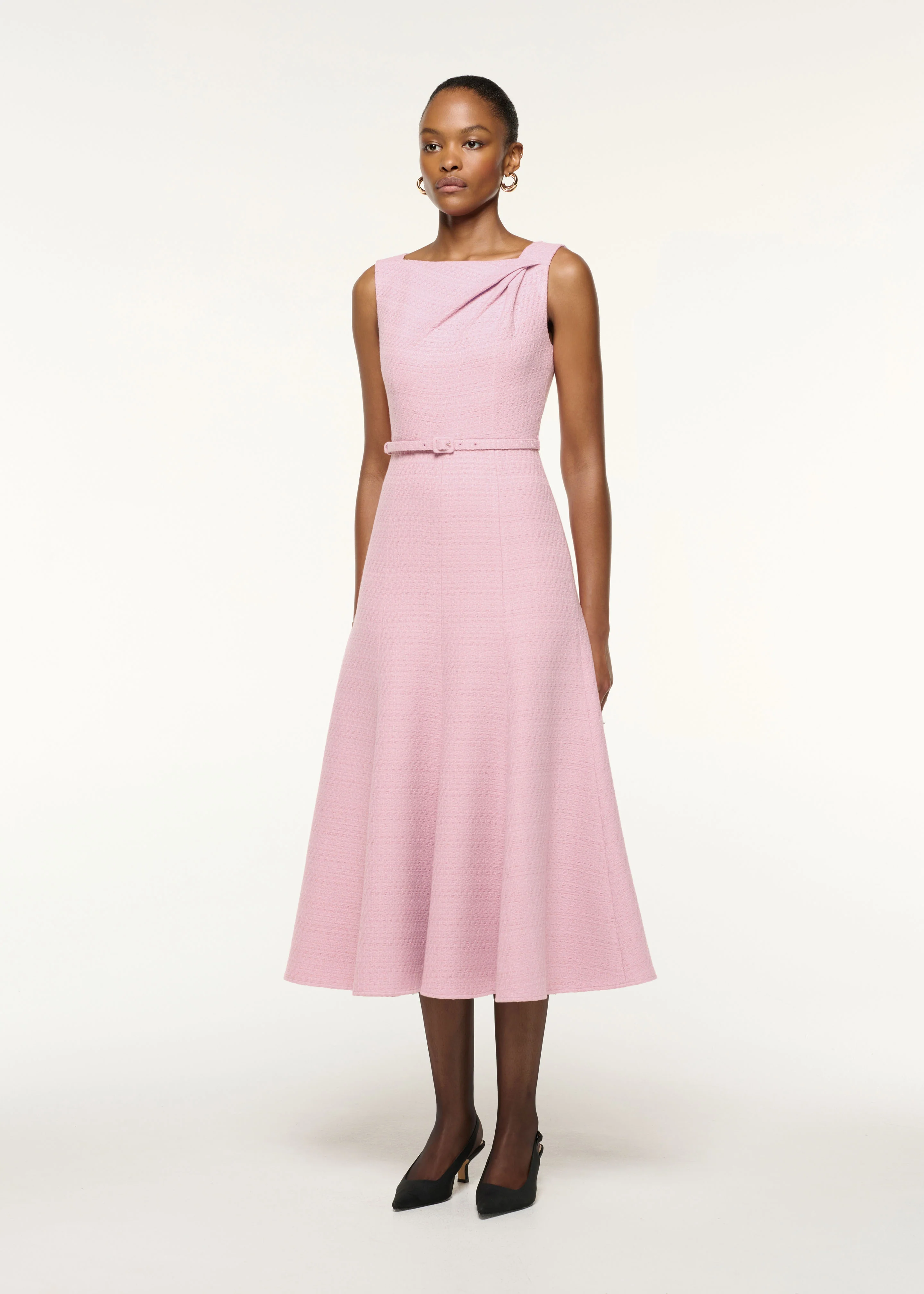 Asymmetrical Twist Belted Boucle Dress - Image 2