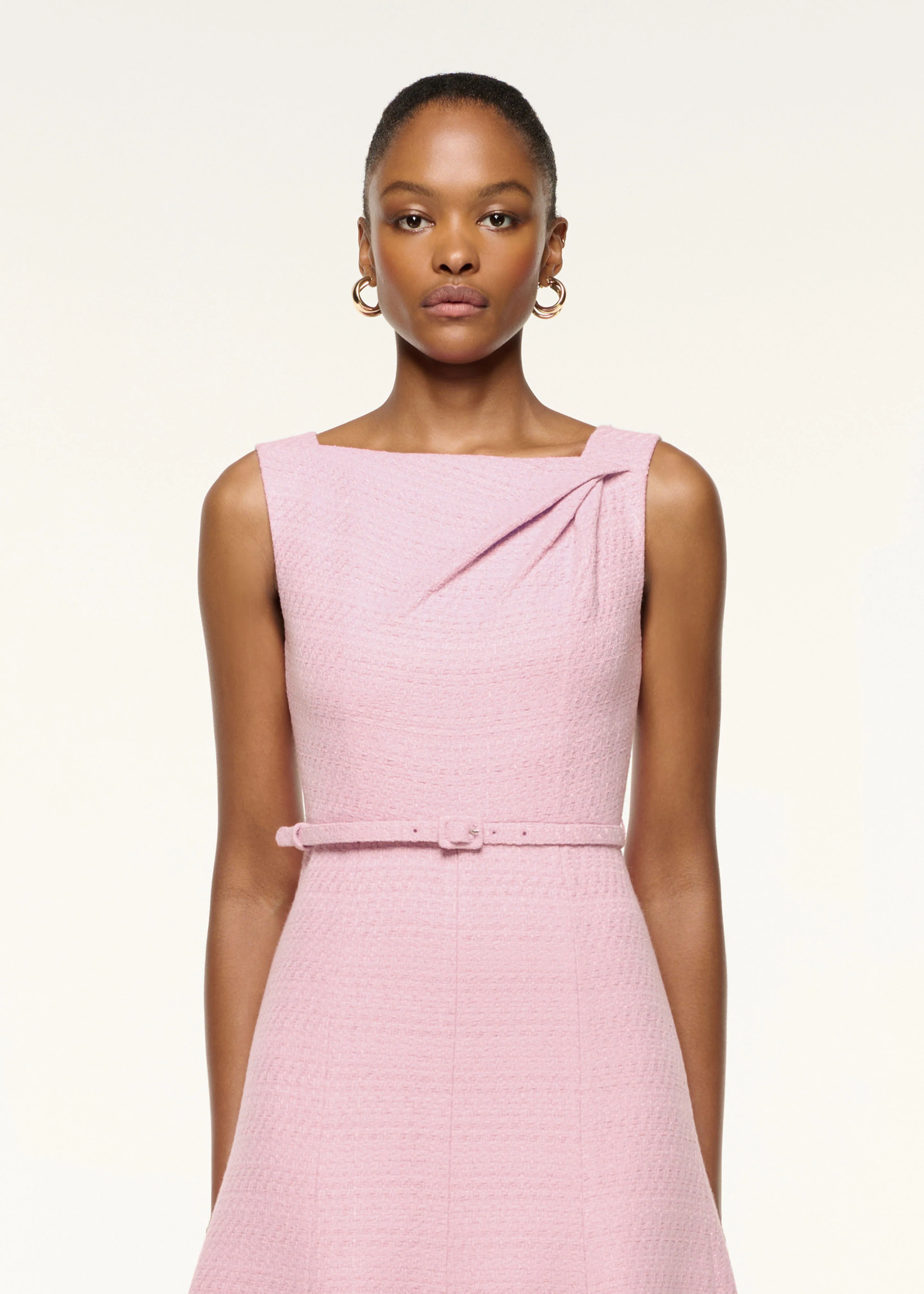 Asymmetrical Twist Belted Boucle Dress - Image 4