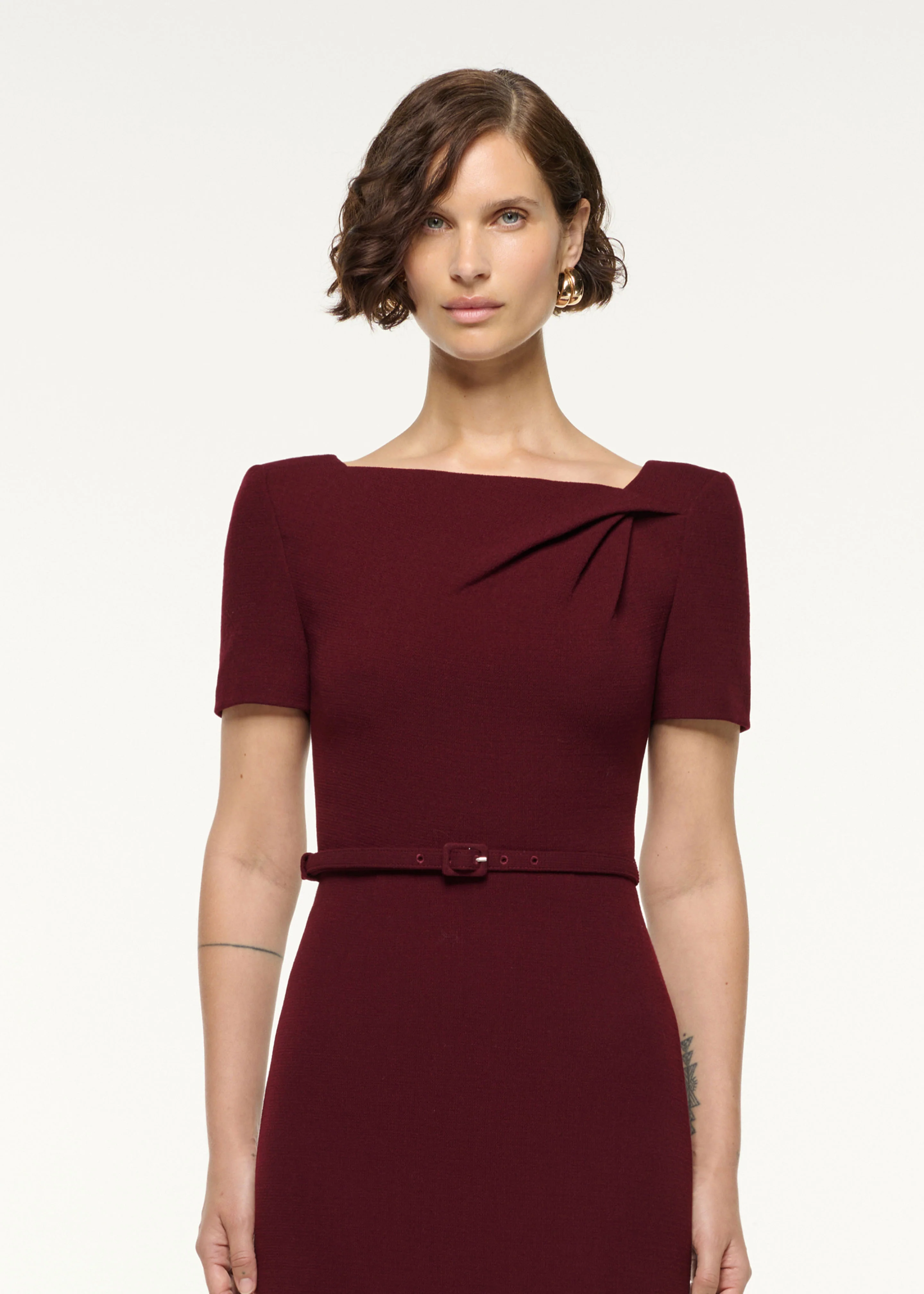 Asymmetrical Twist Belted Wool Dress - Image 4