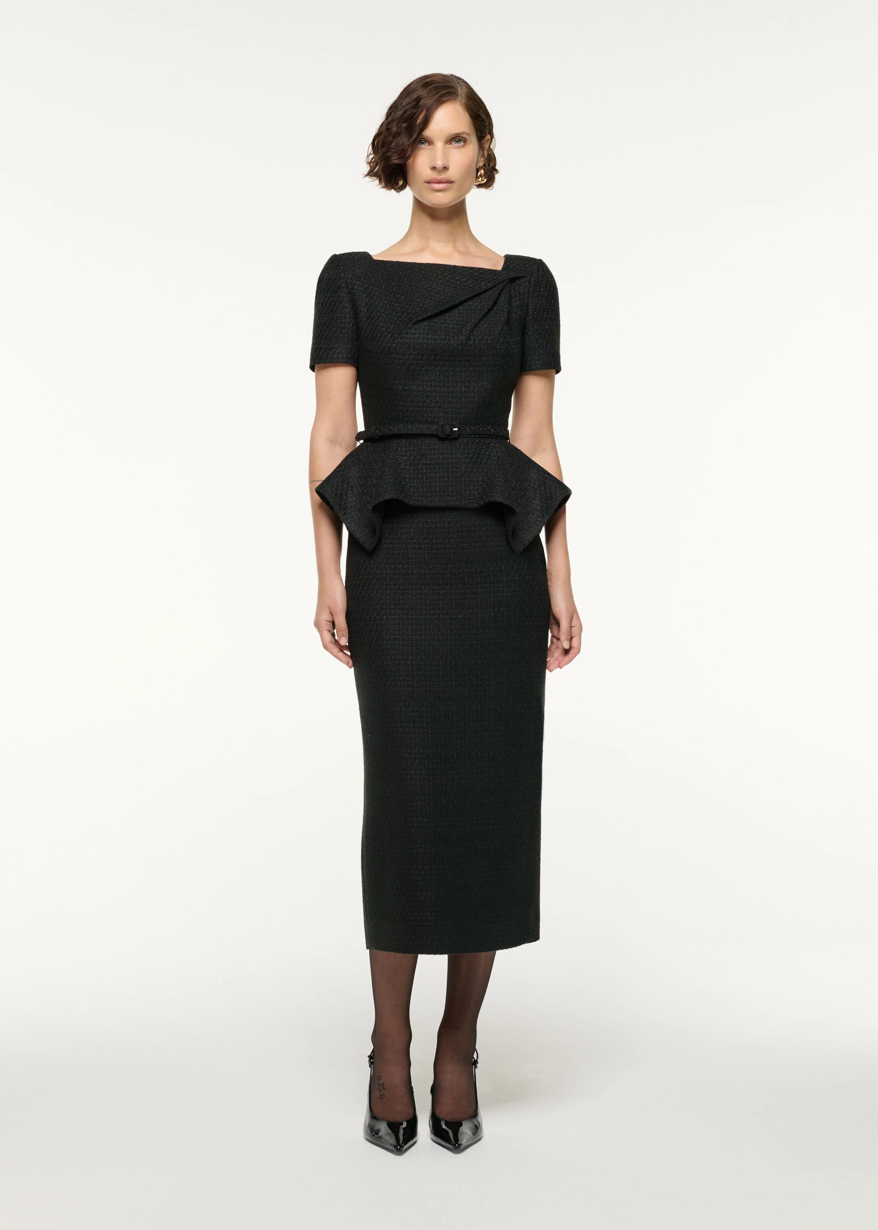 Asymmetrical Twist Peplum Boucle Dress