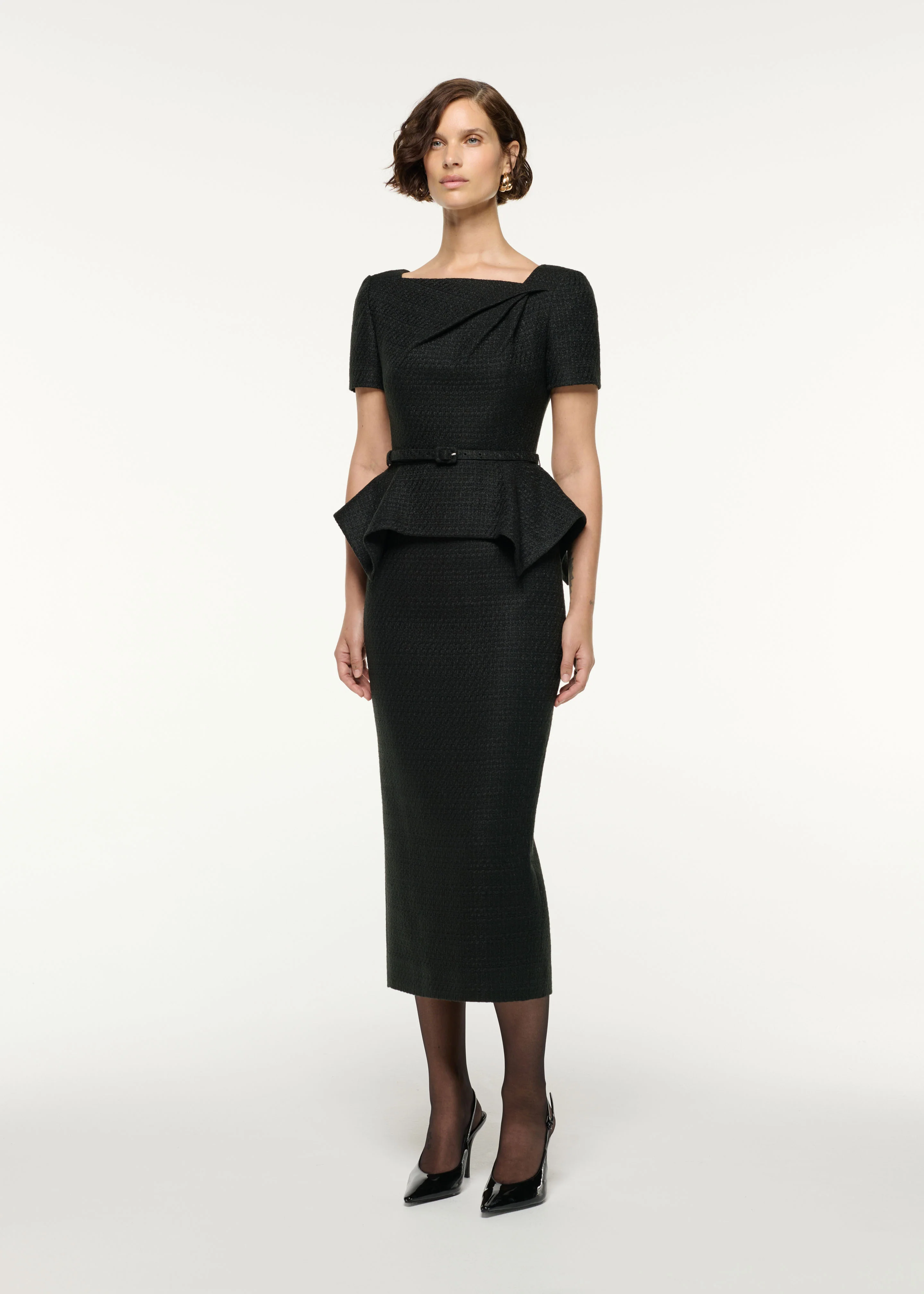 Asymmetrical Twist Peplum Boucle Dress - Image 2