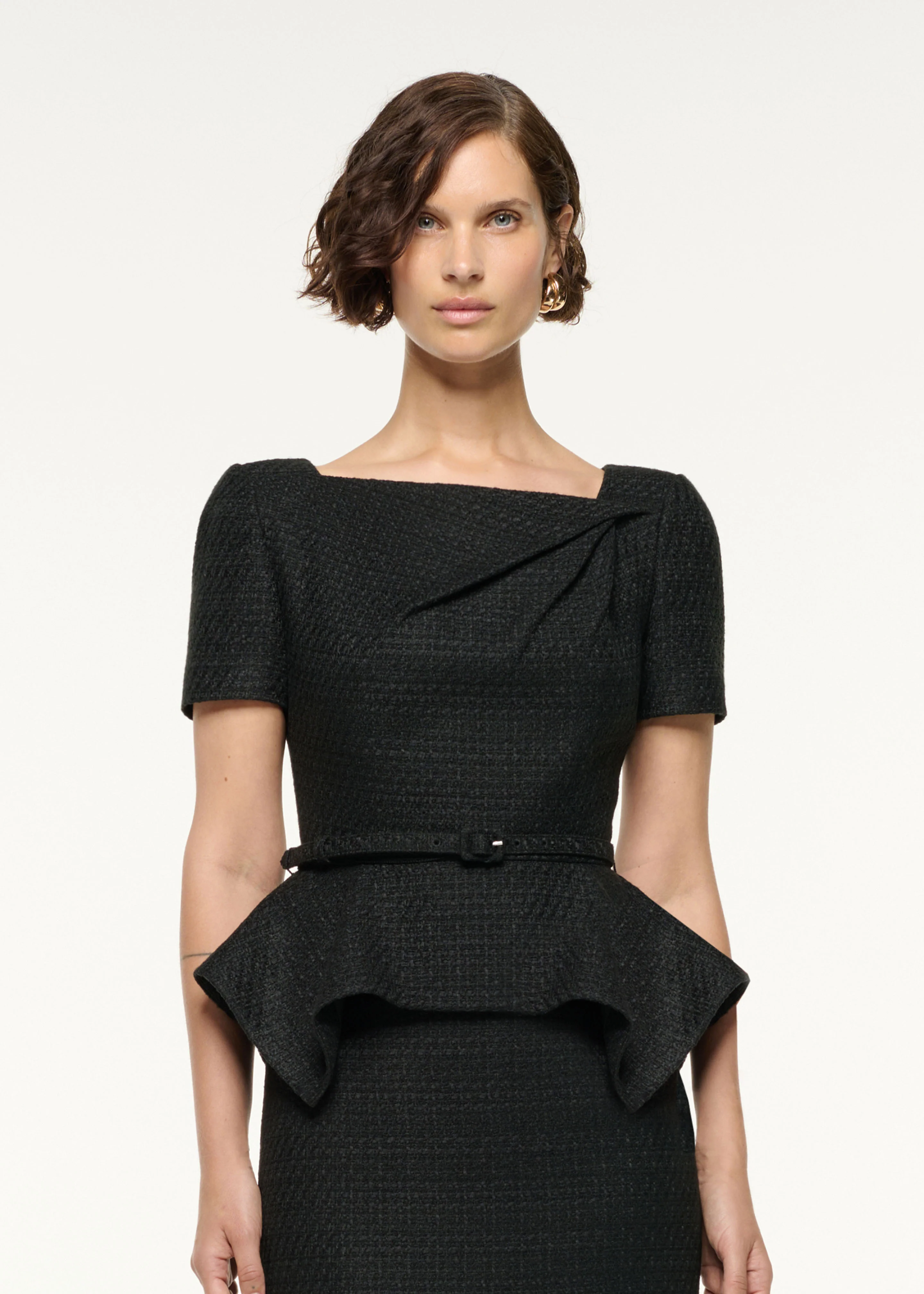 Asymmetrical Twist Peplum Boucle Dress - Image 4