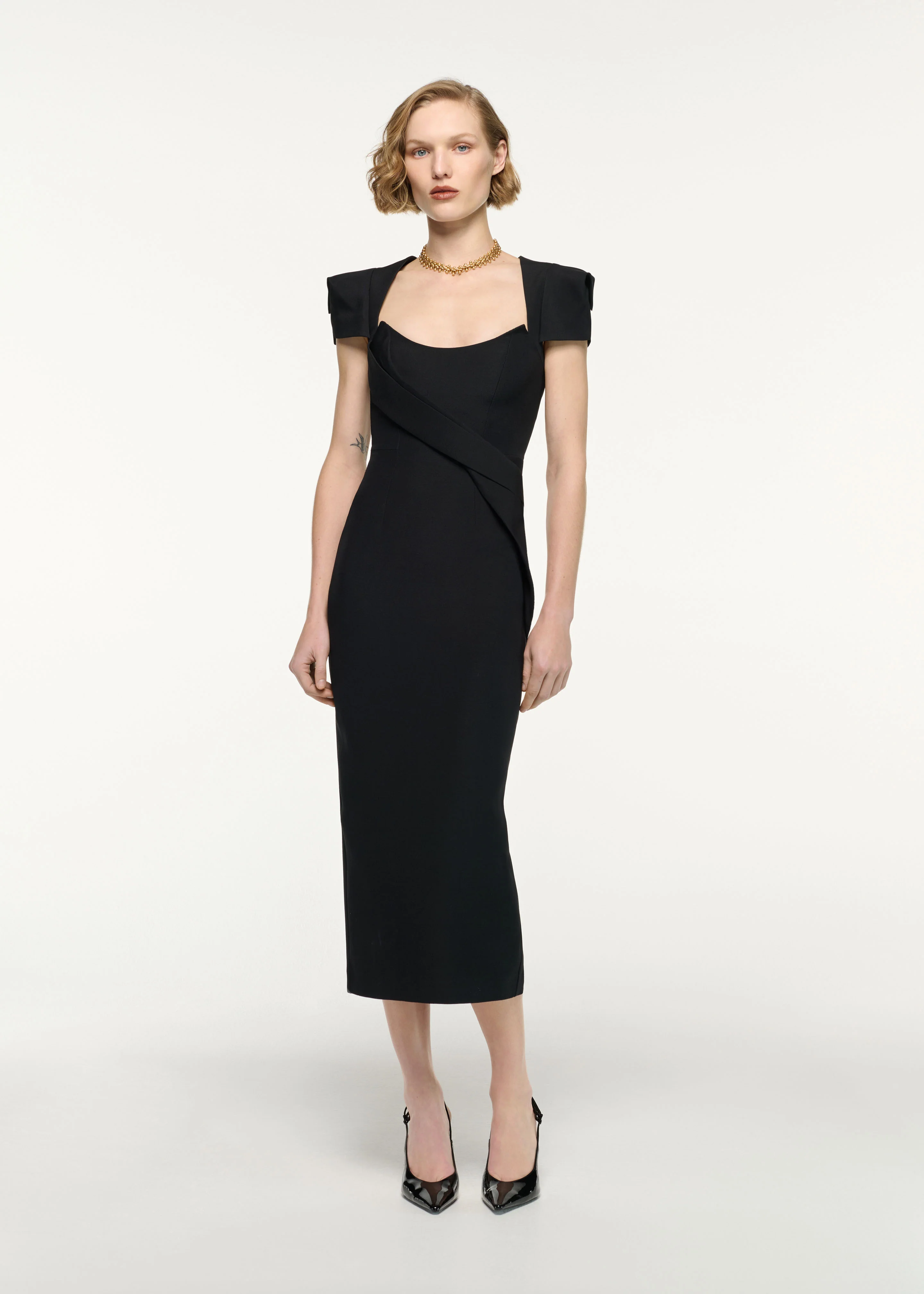 Cap Sleeve Silk Wool Midi Dress