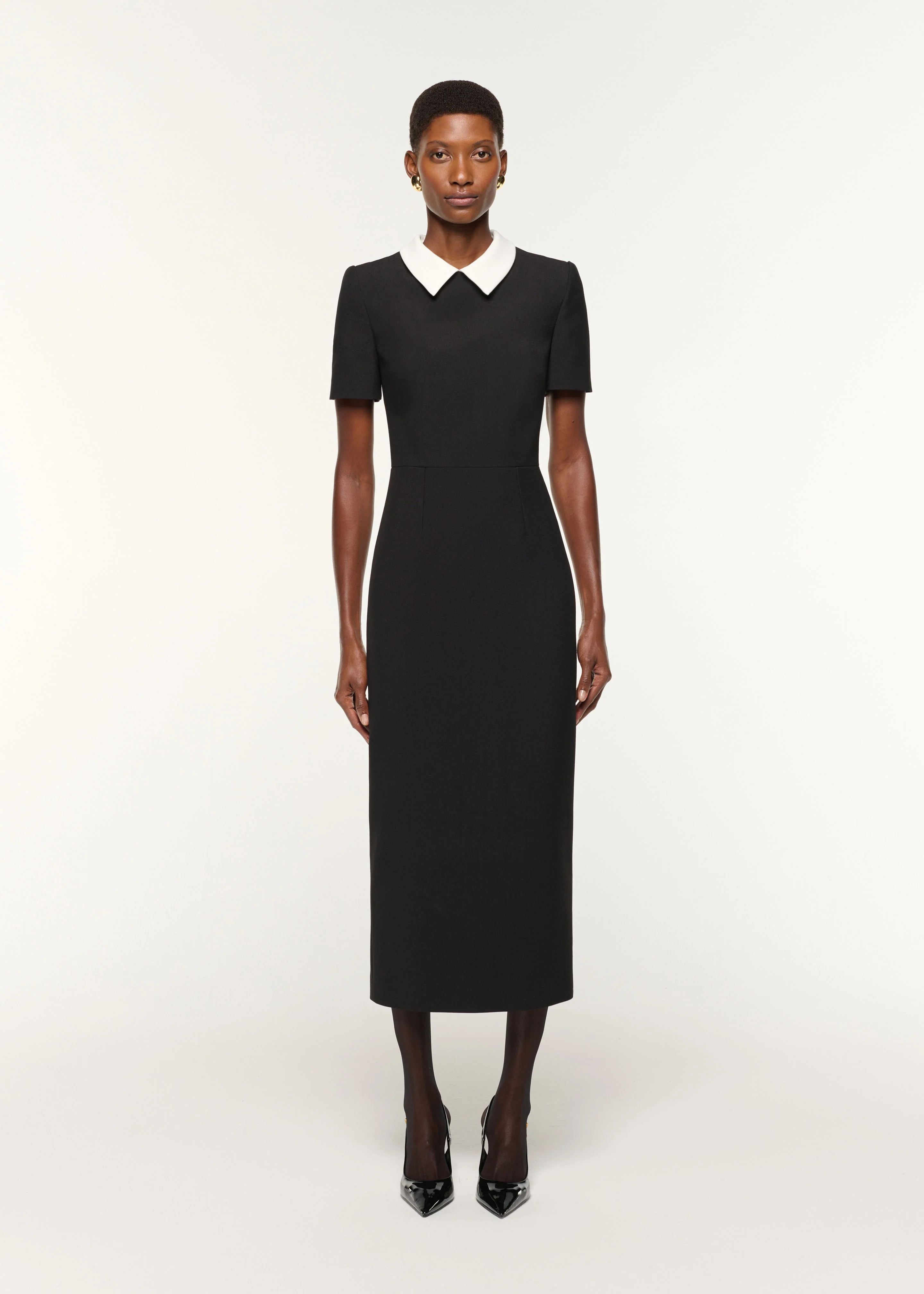 Contrast Collar Crepe Midi Dress