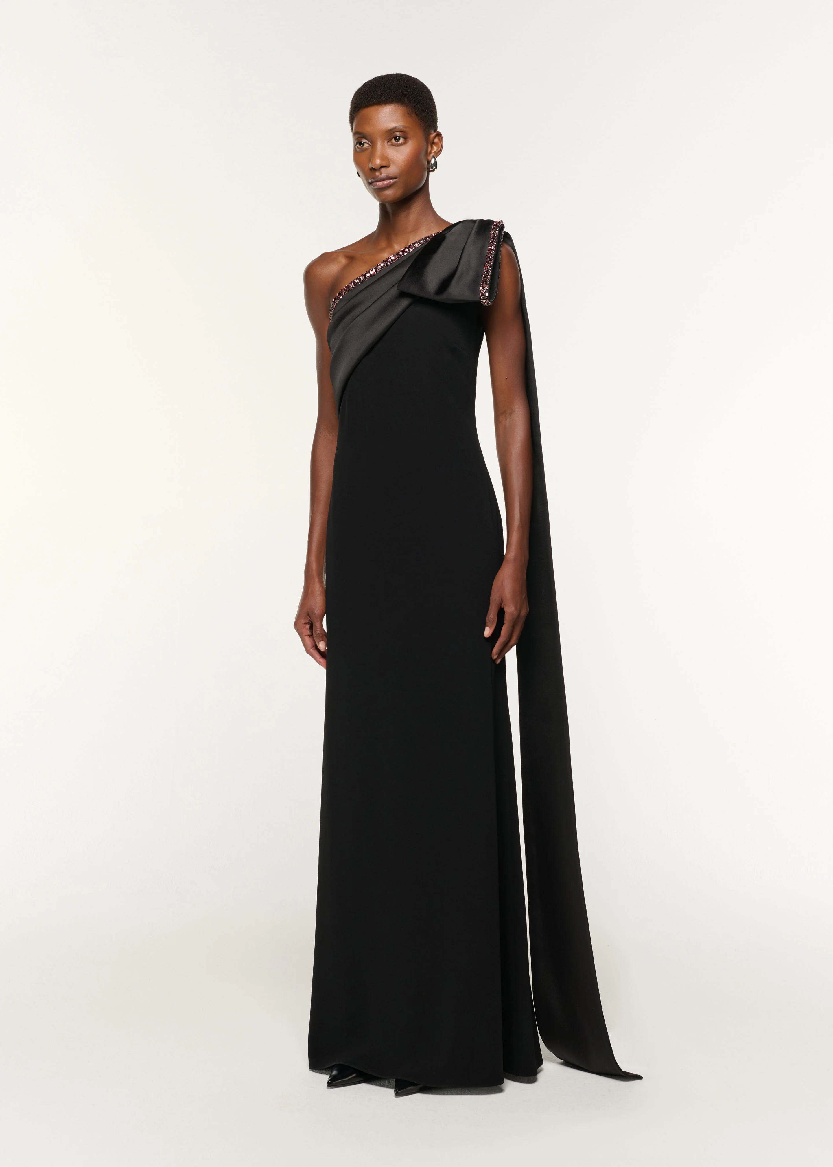 Contrast Crystal Trimmed Bow Satin Crepe Gown - Image 2