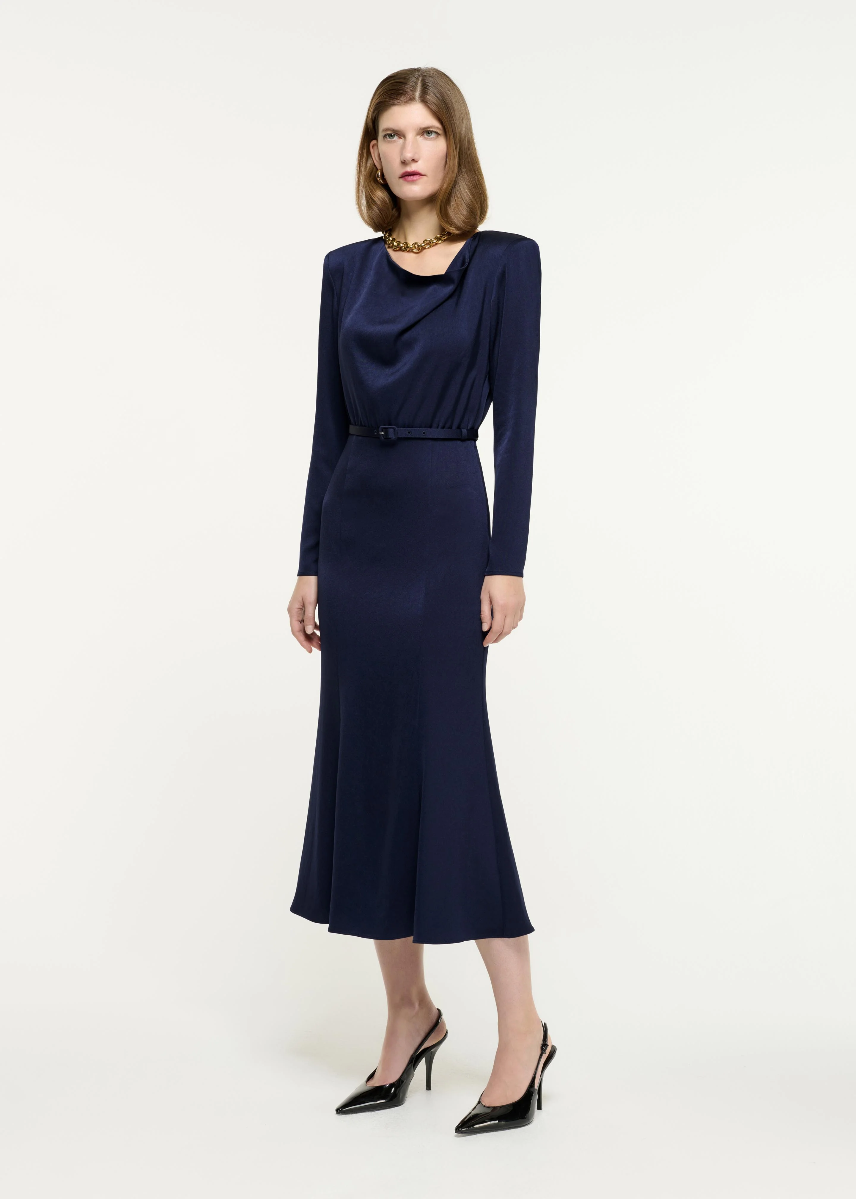Cowl Drape Satin Crepe Midi Dress - Image 2