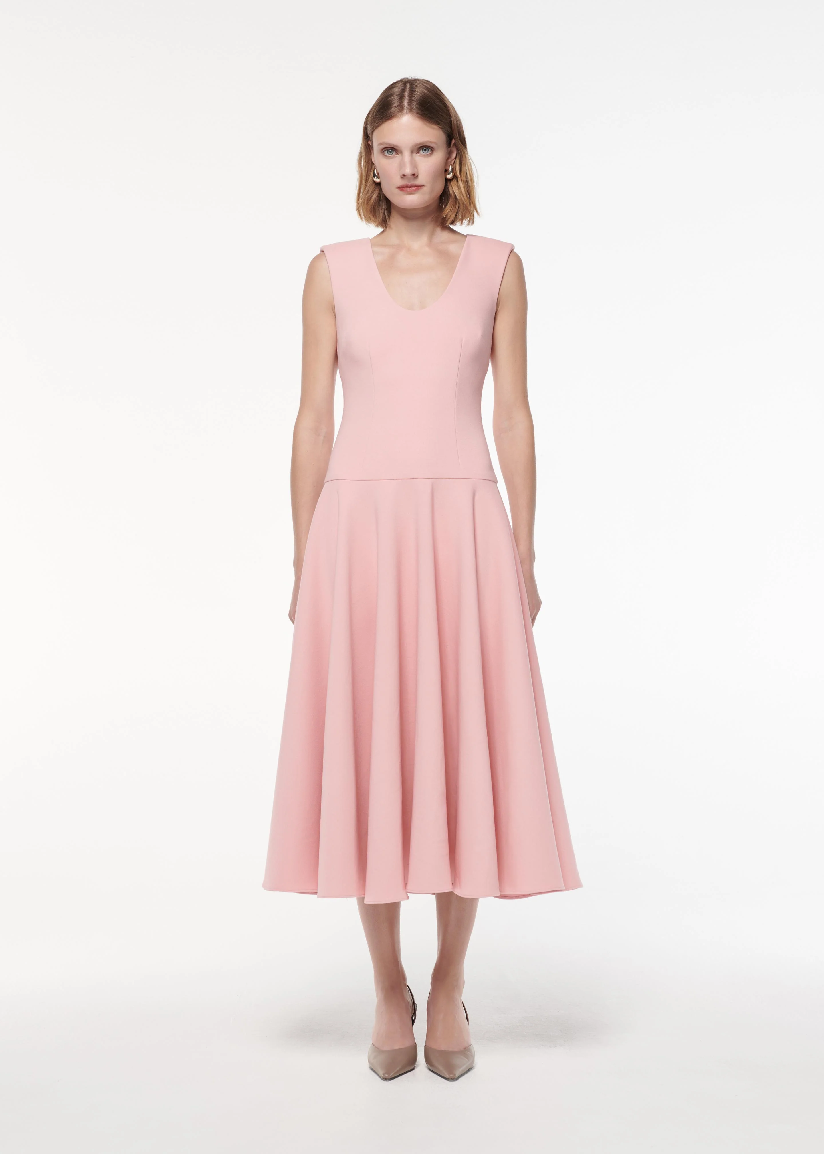 Drop Waist Detail Crepe Midi Dress