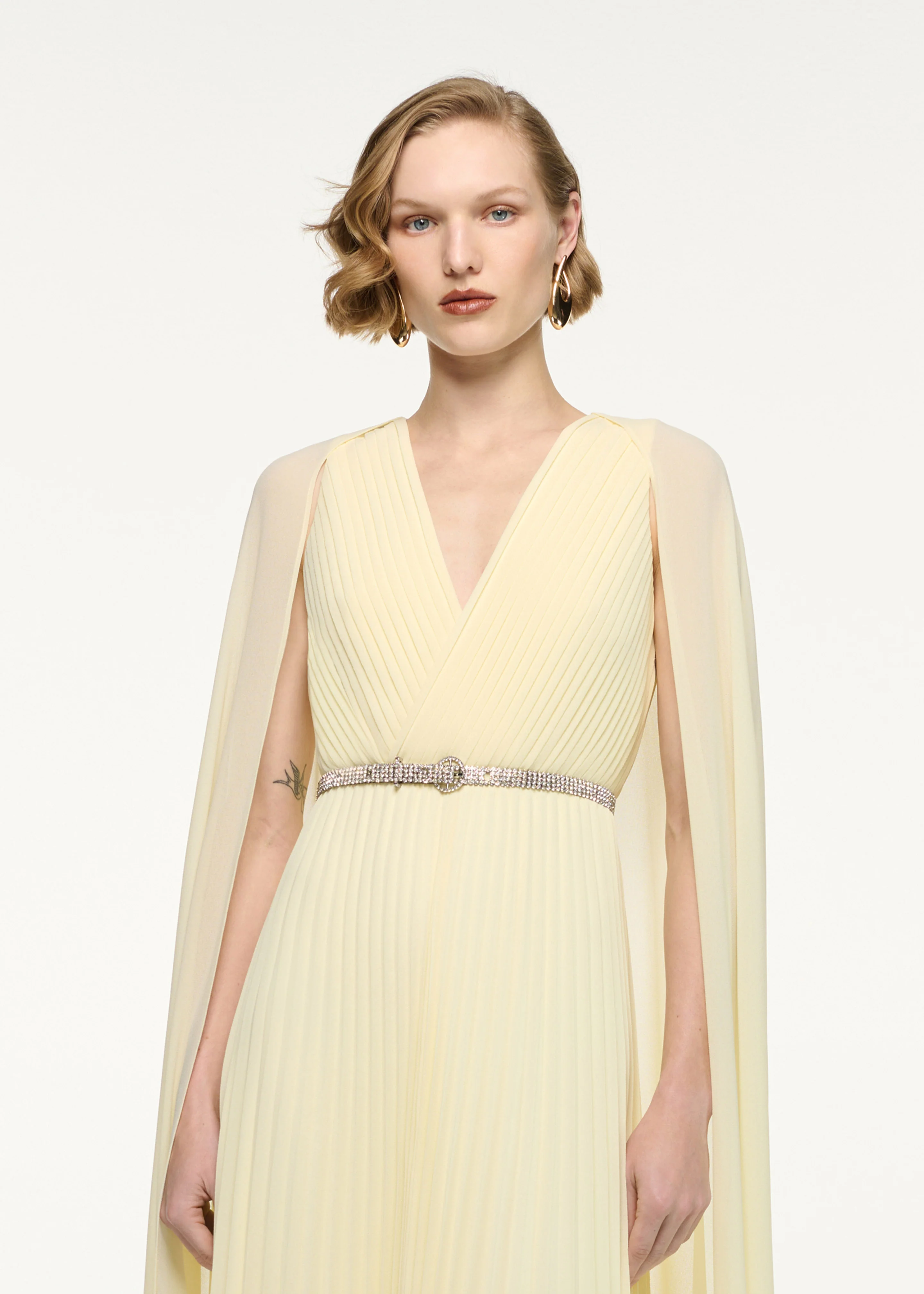 Crystal Belt Pleated Cape Gown - Image 4