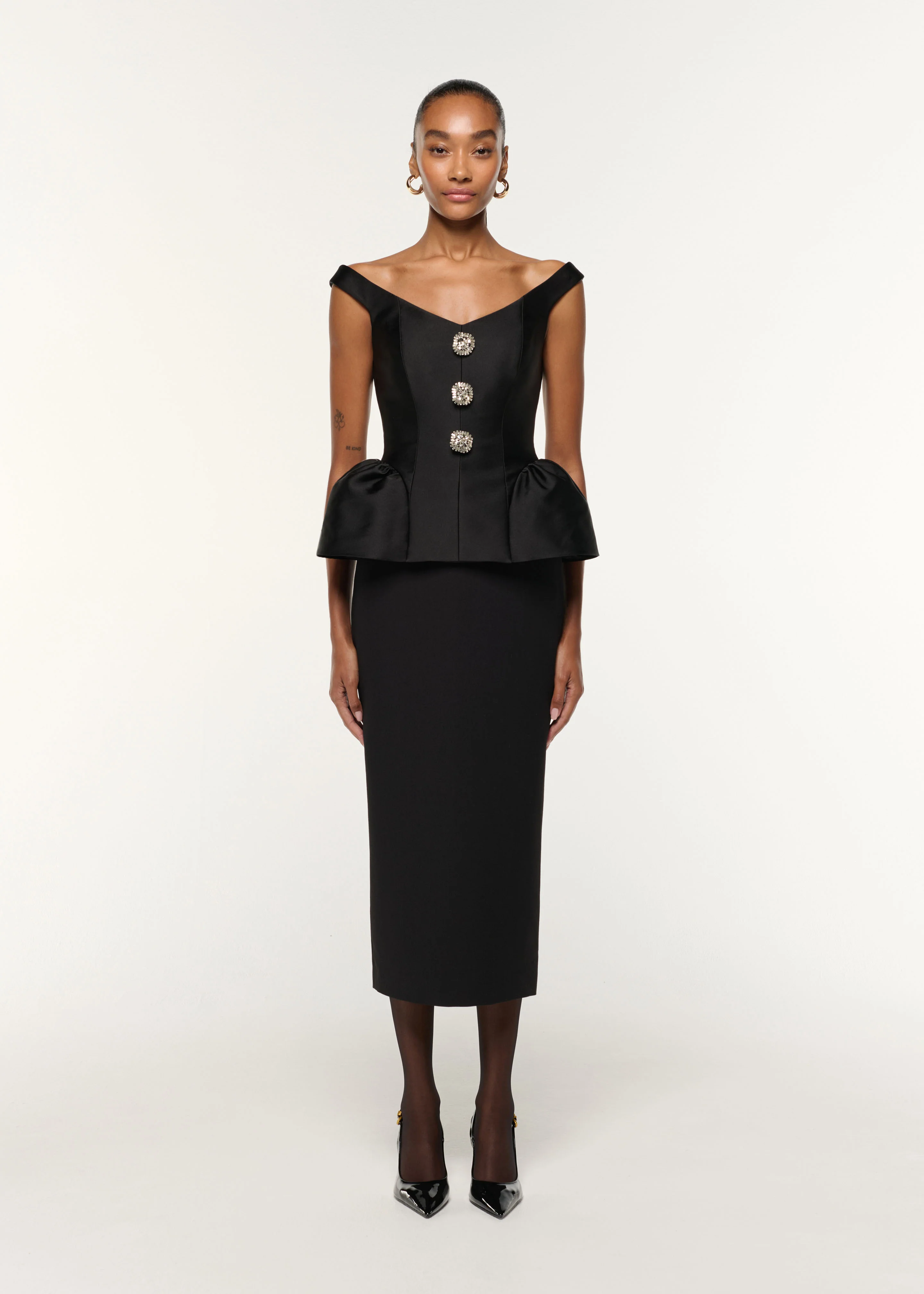 Crystal Button Peplum Taffeta Crepe Dress