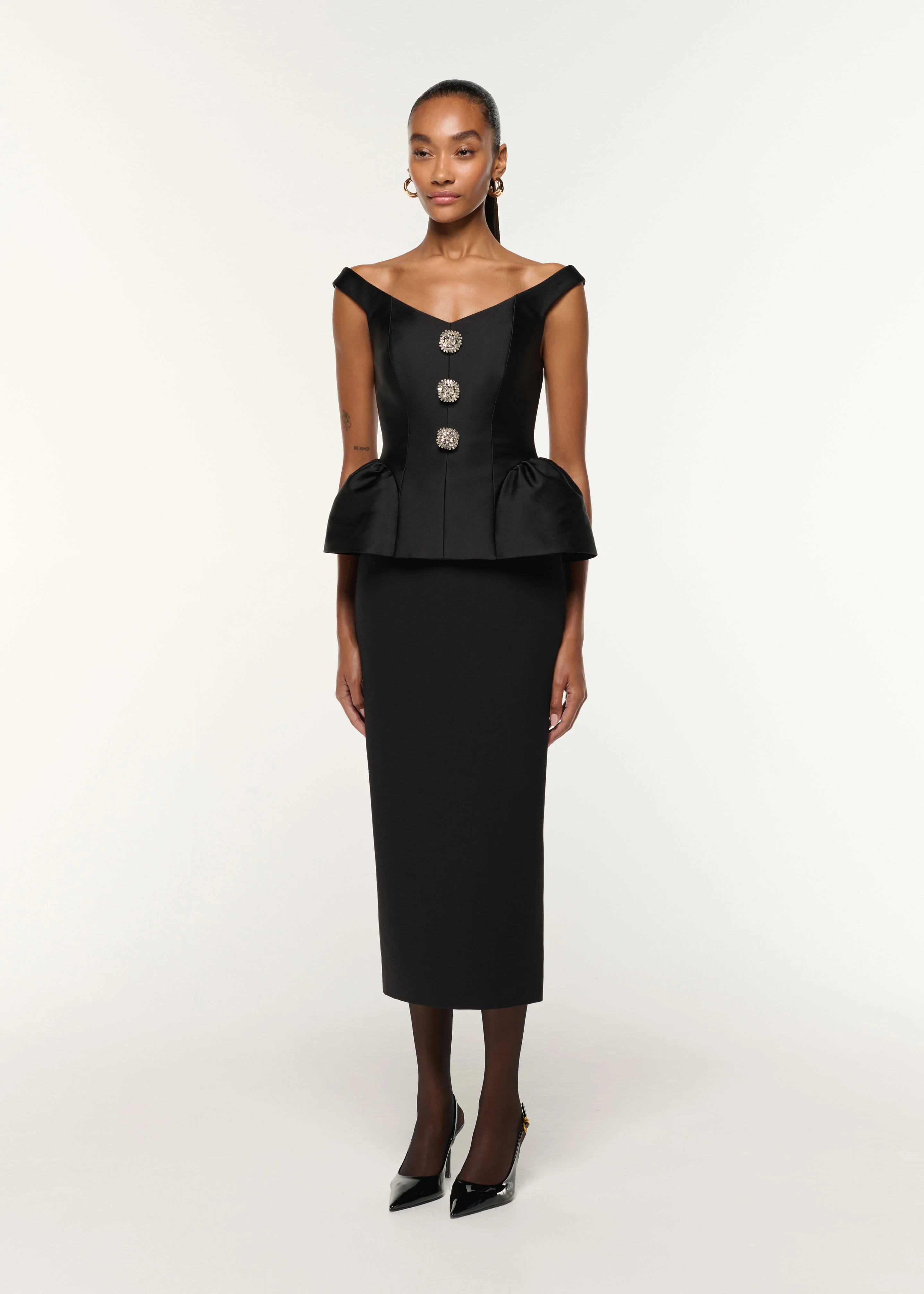 Crystal Button Peplum Taffeta Crepe Dress - Image 2