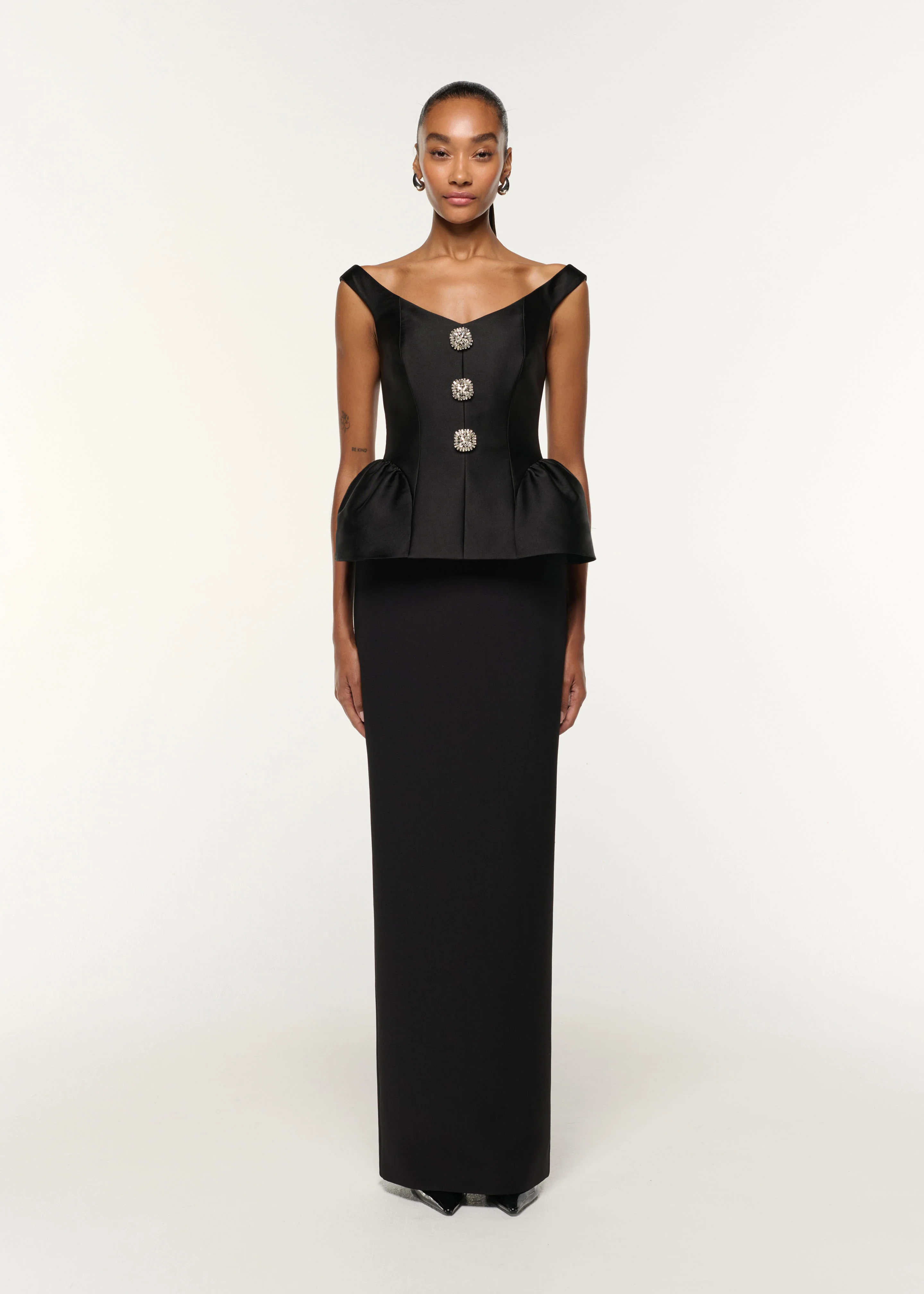 Crystal Button Peplum Taffeta Crepe Gown
