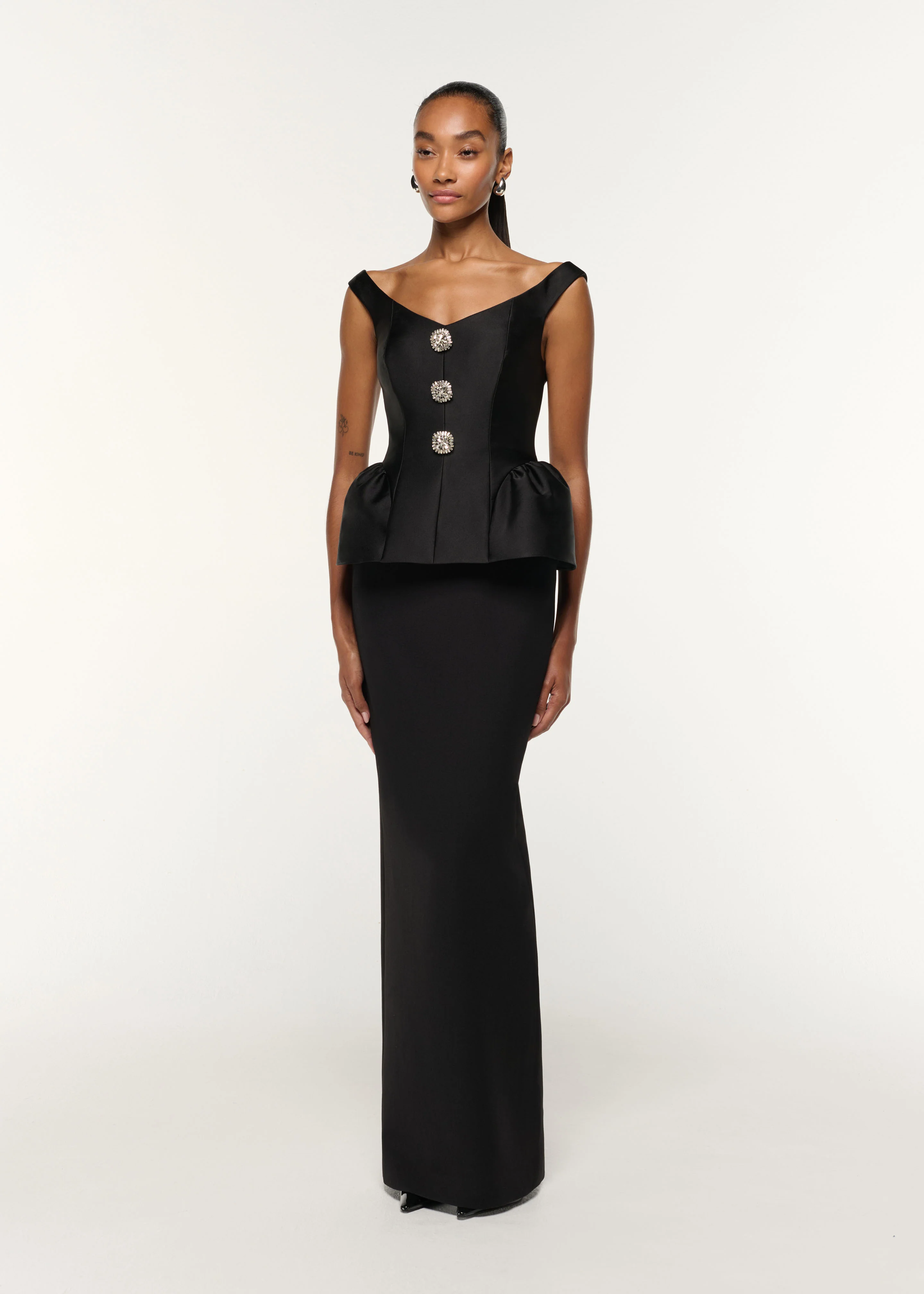 Crystal Button Peplum Taffeta Crepe Gown - Image 2