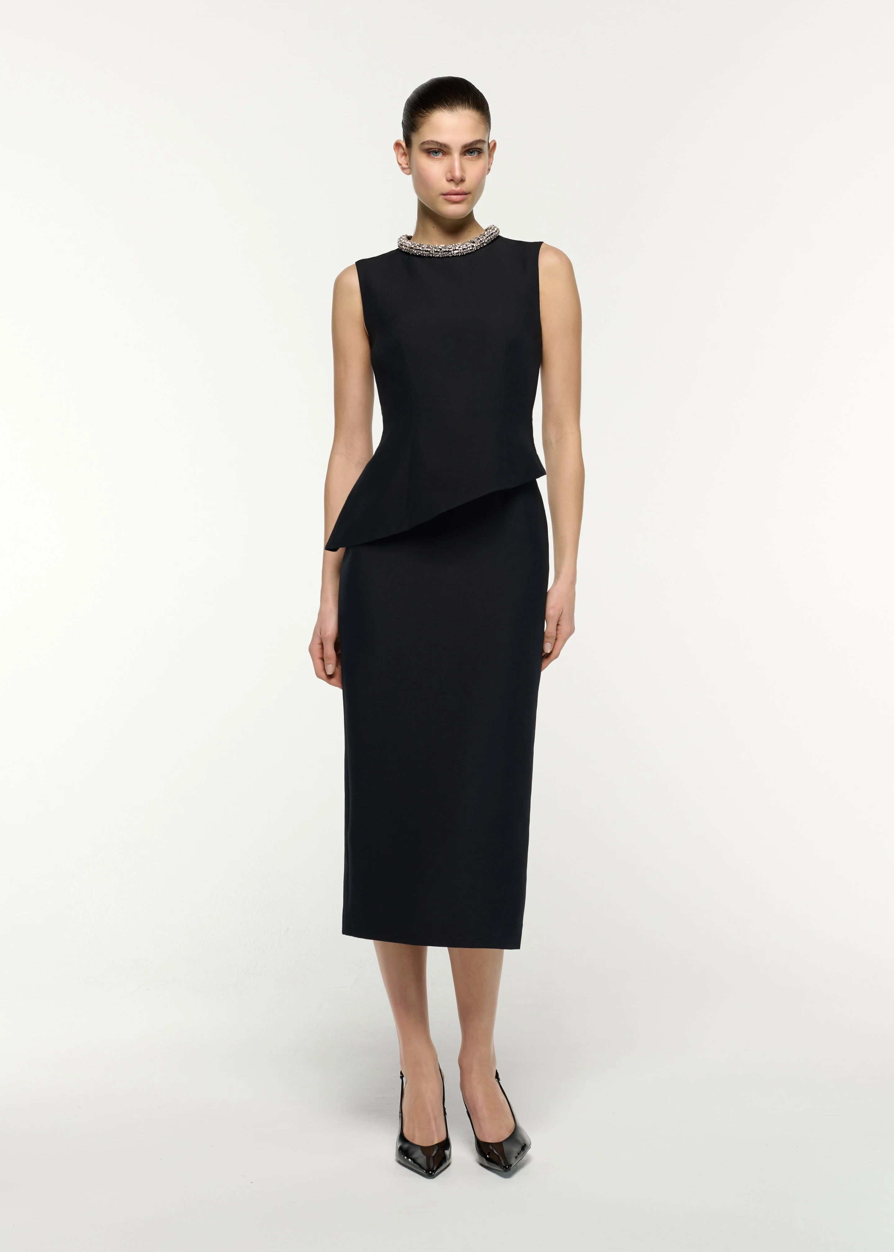 Crystal Neck Trimmed Asymmetric Peplum Midi Dress