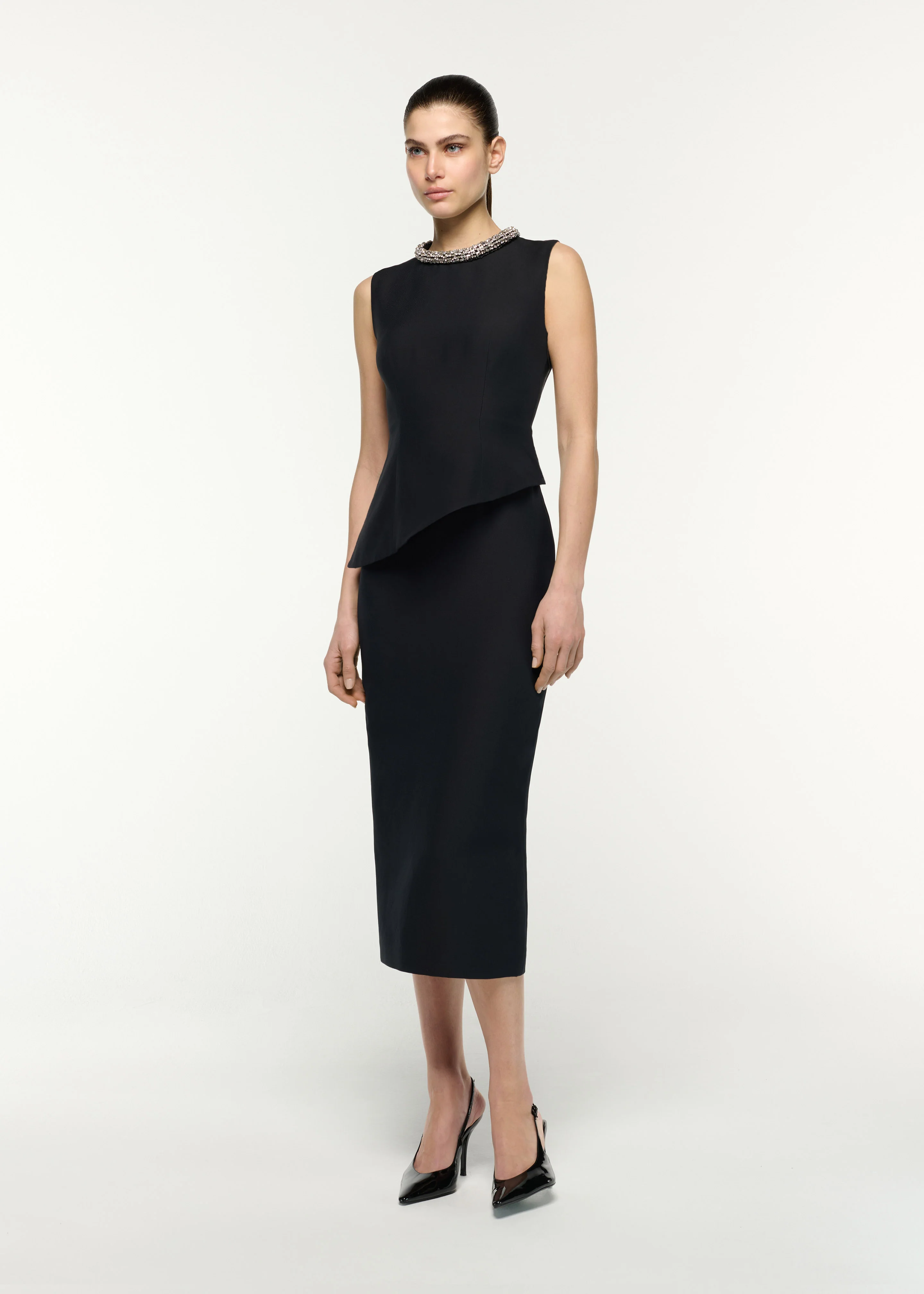 Crystal Neck Trimmed Asymmetric Peplum Midi Dress - Image 2