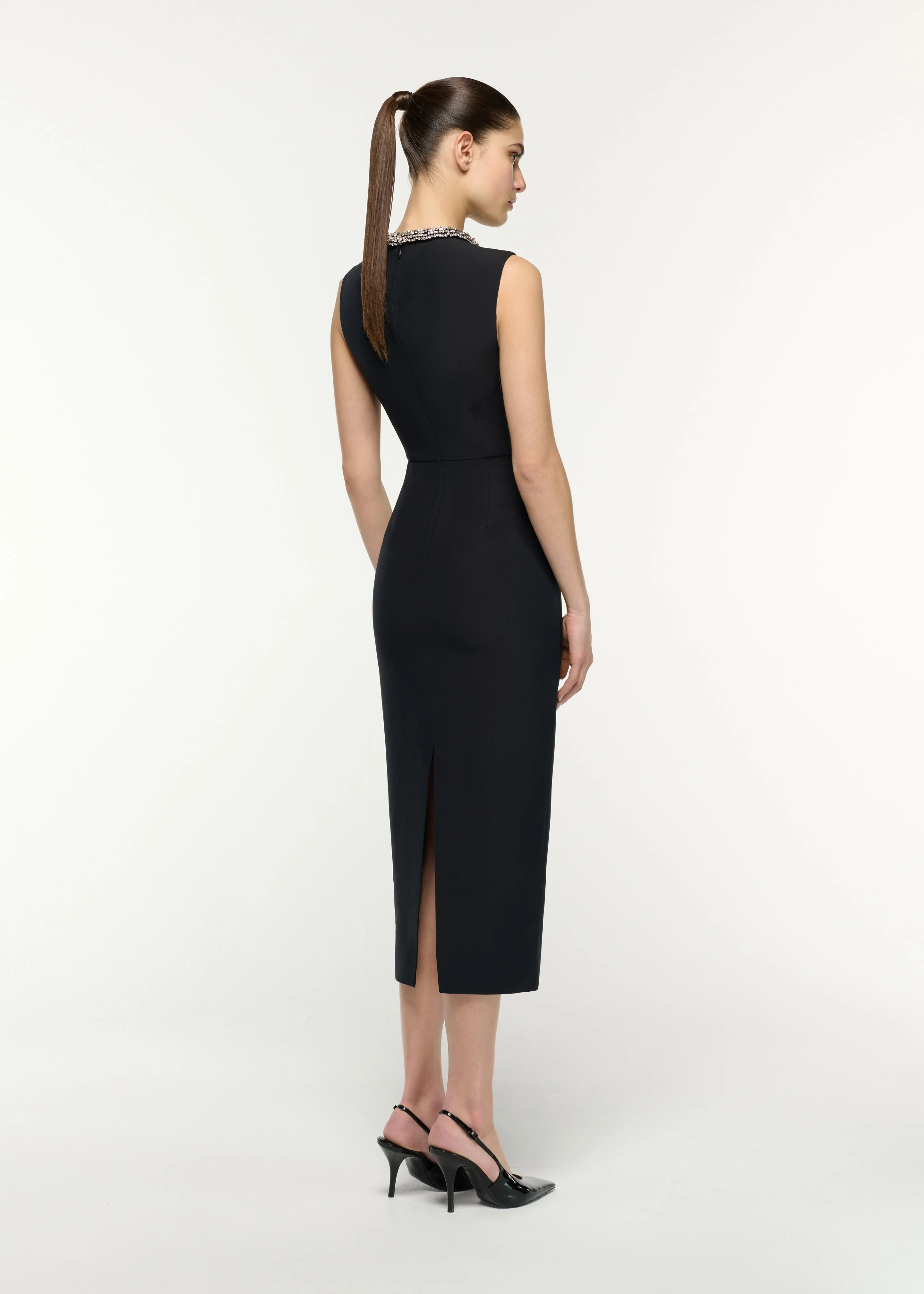 Crystal Neck Trimmed Asymmetric Peplum Midi Dress - Image 3
