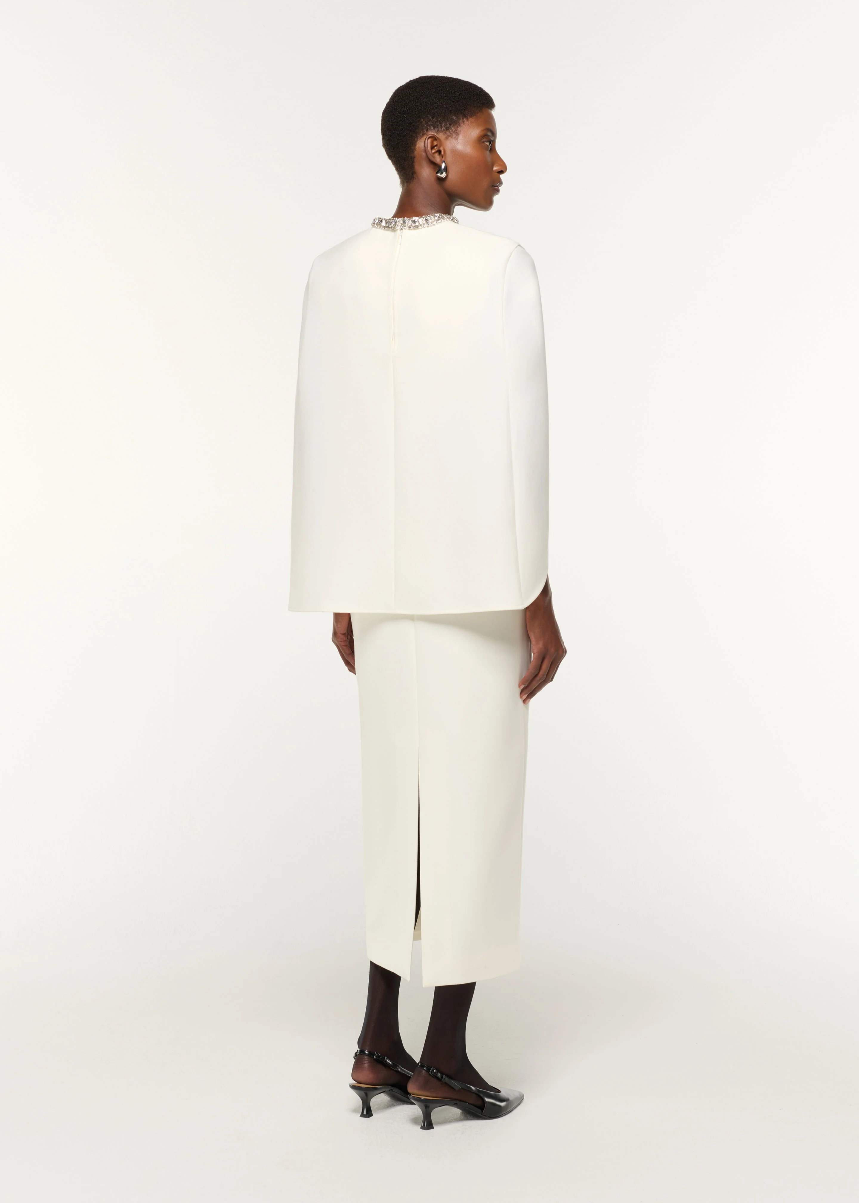 Crystal Neckline Crepe Cape Dress - Image 3