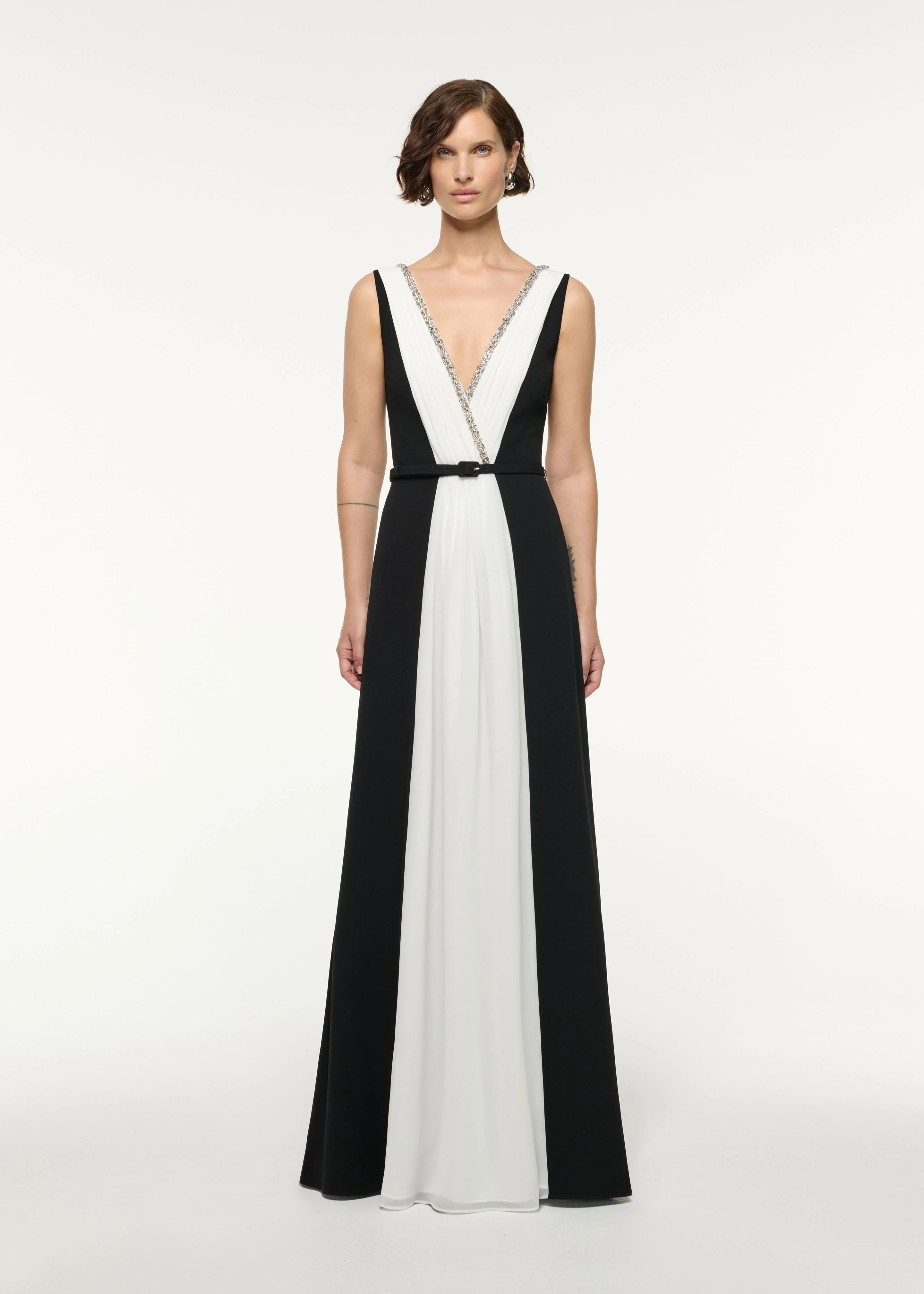 Crystal Neckline Monochrome Gathered Gown