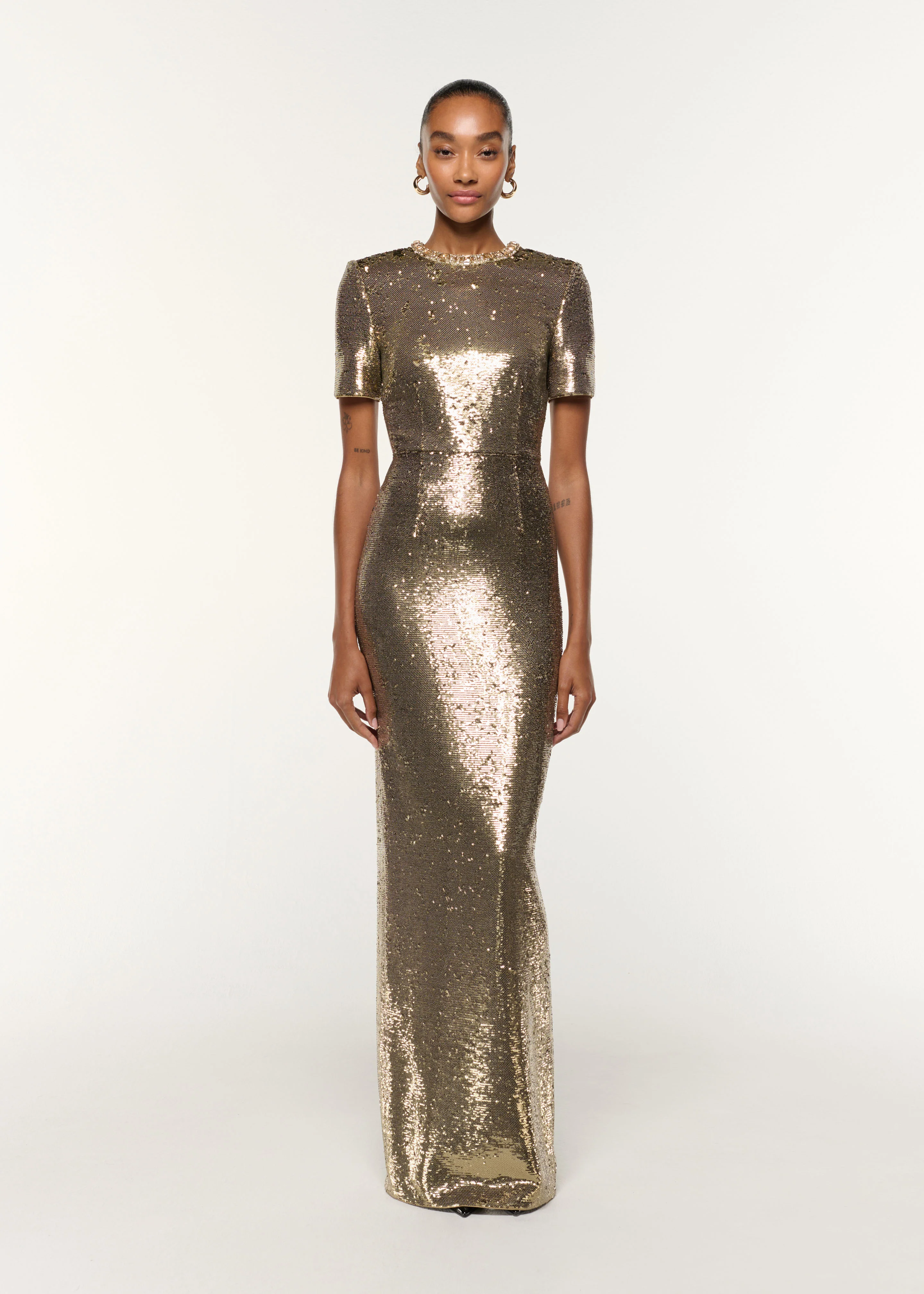 Crystal Neckline Sequin Column Gown