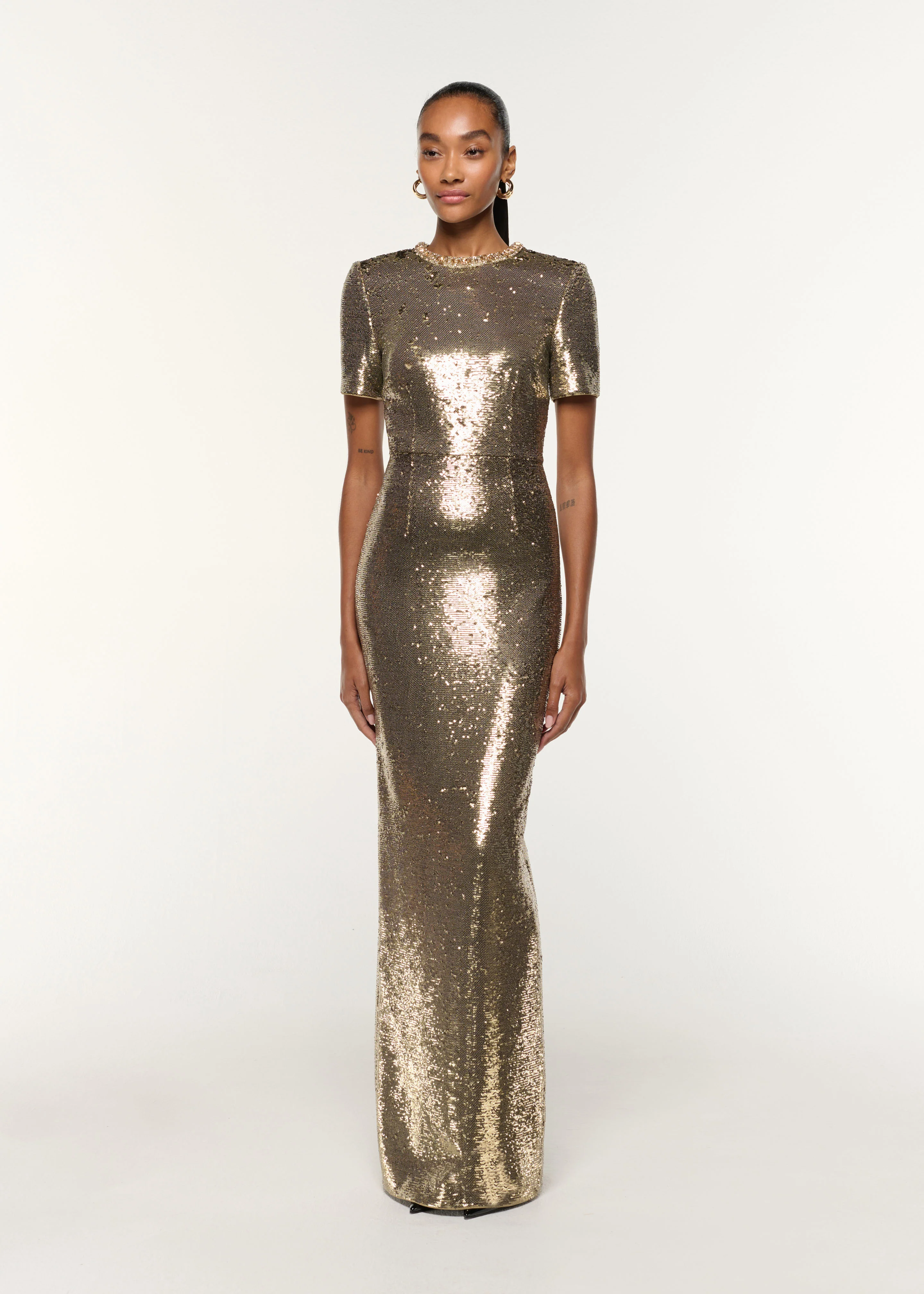 Crystal Neckline Sequin Column Gown - Image 2