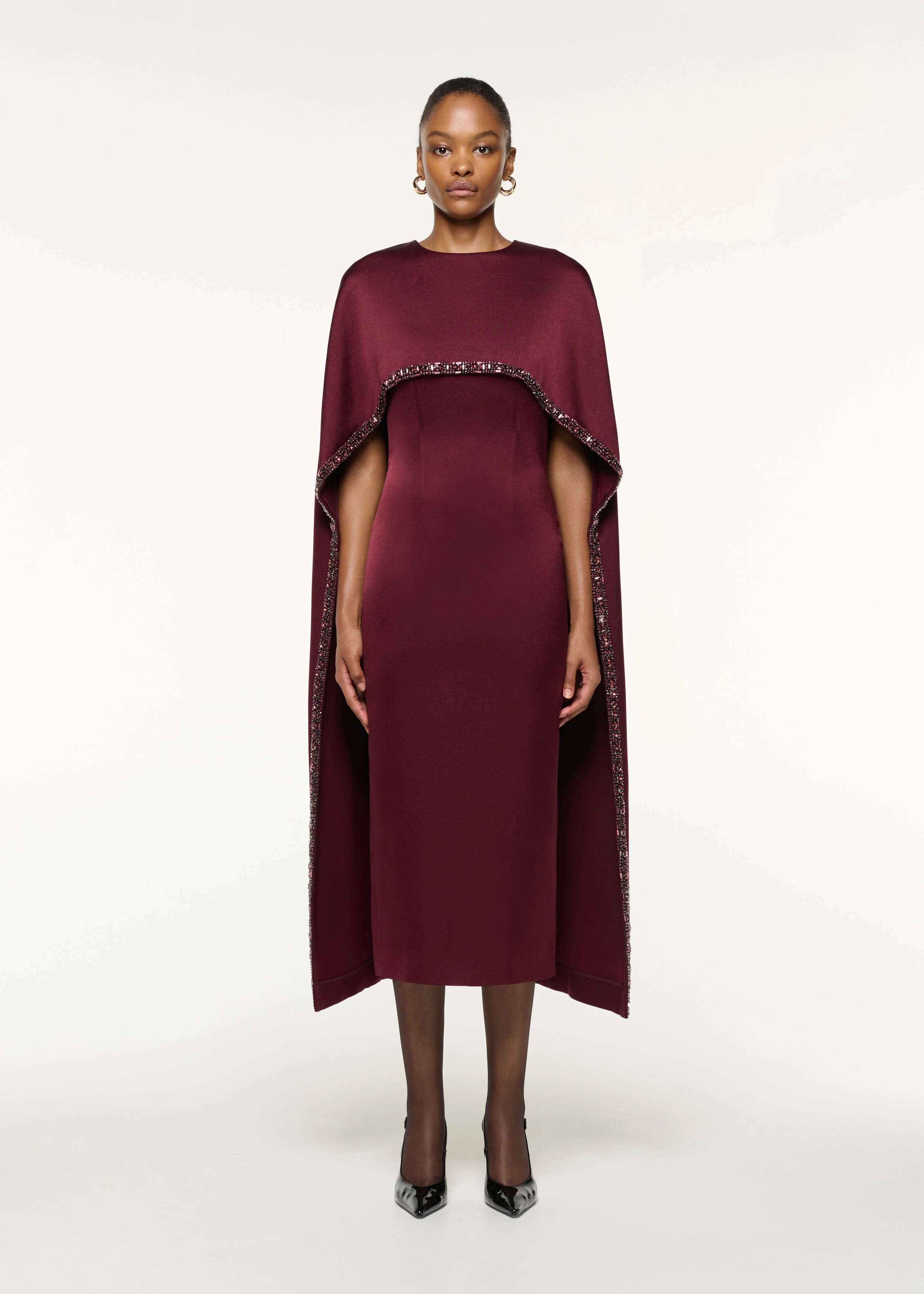Crystal Trimmed Cape Midi Dress