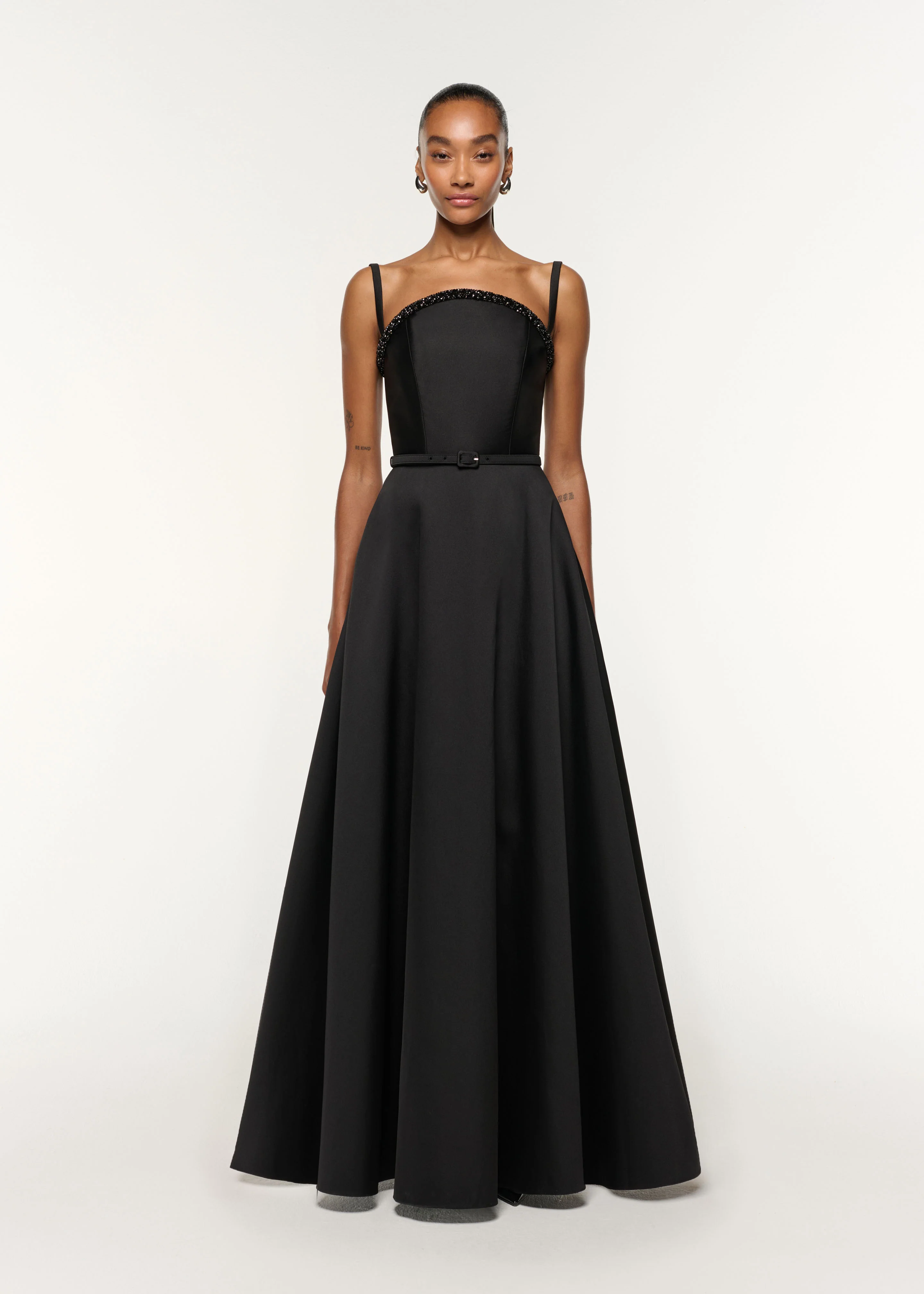 Curved Crystal Neckline Taffeta Gown