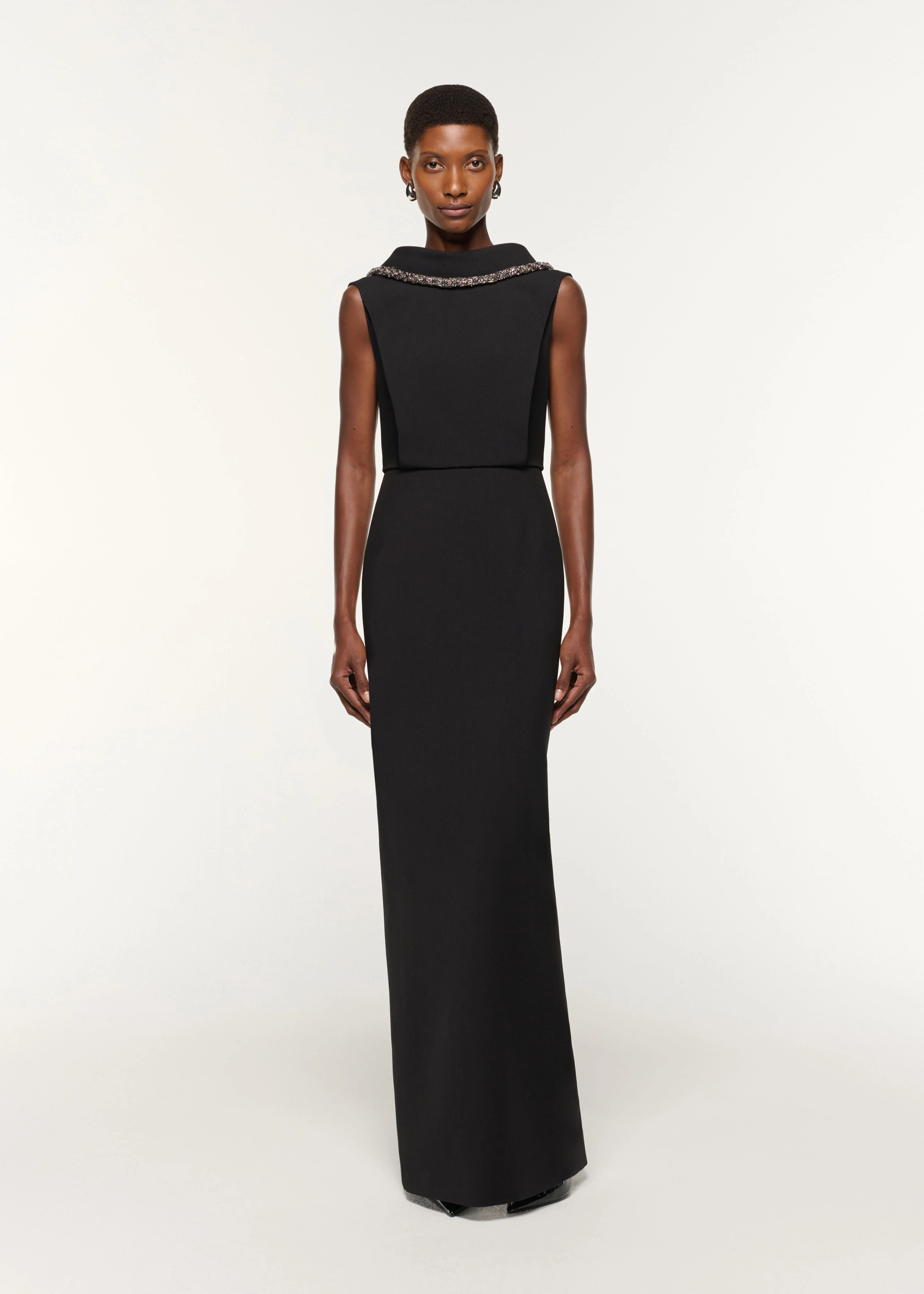 Diamante Collared Neck Crepe Gown