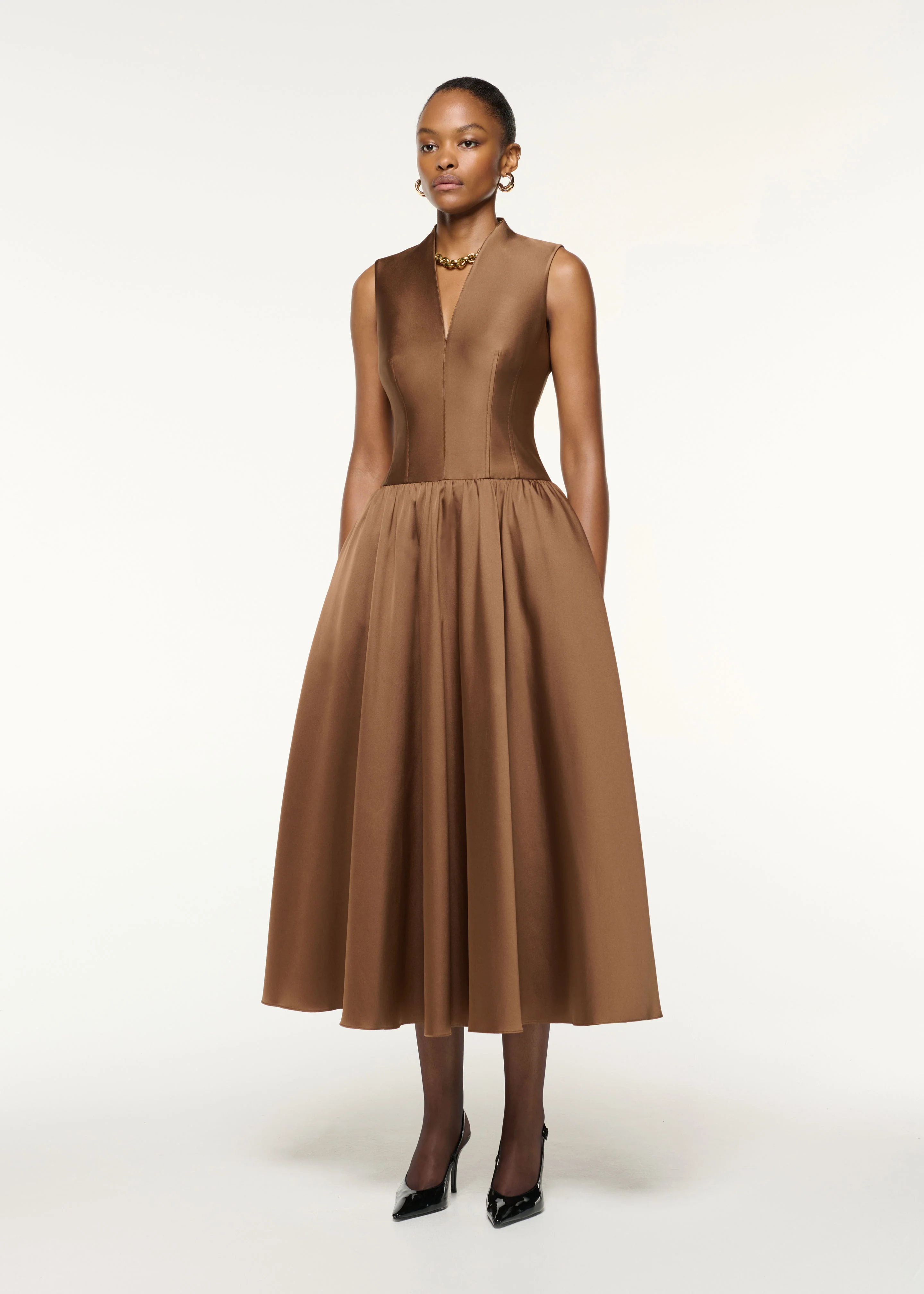 Dropped Gathered Waist Taffeta Dress - Image 2