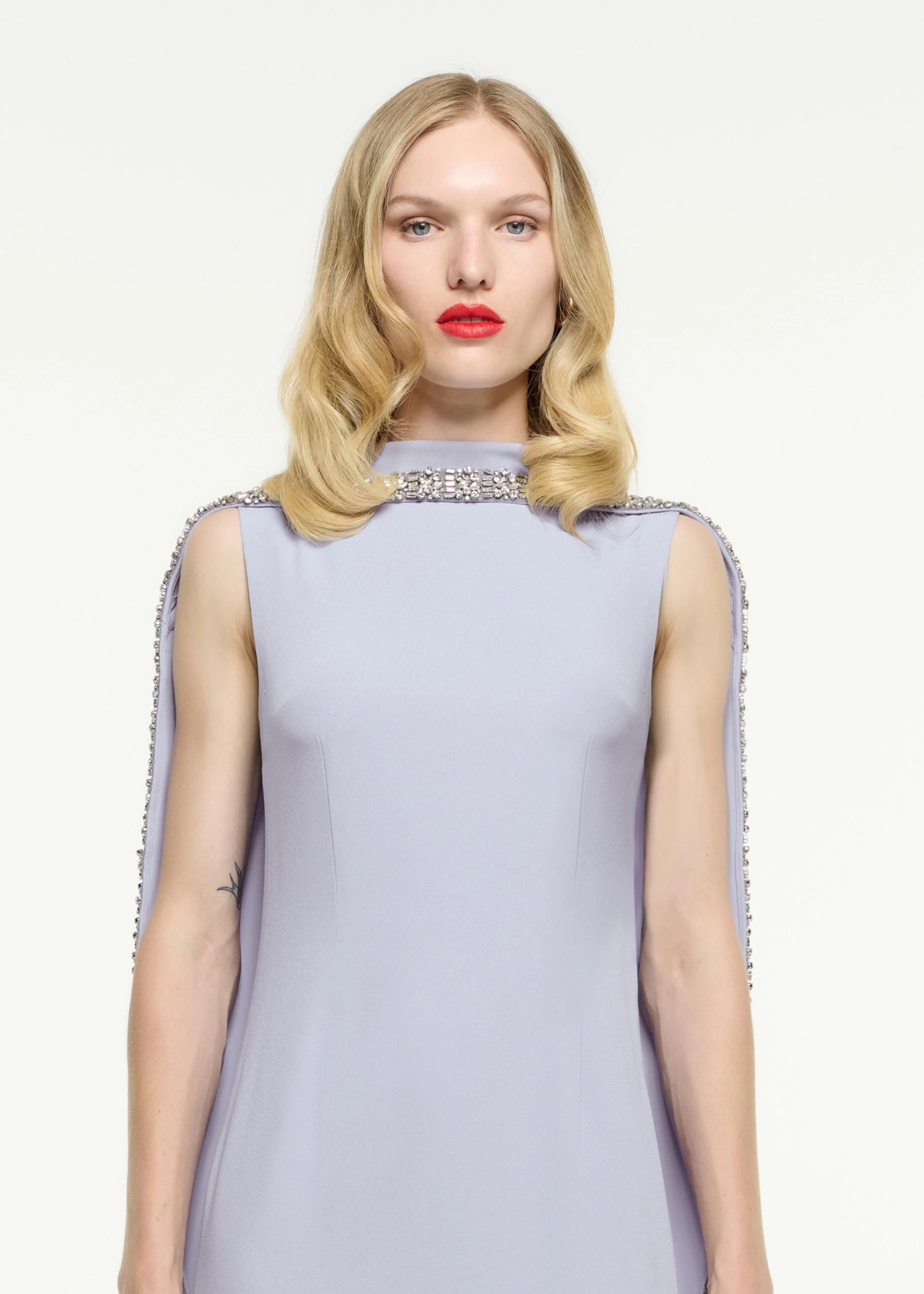 Embellished Cape Satin Crepe Gown - Image 4