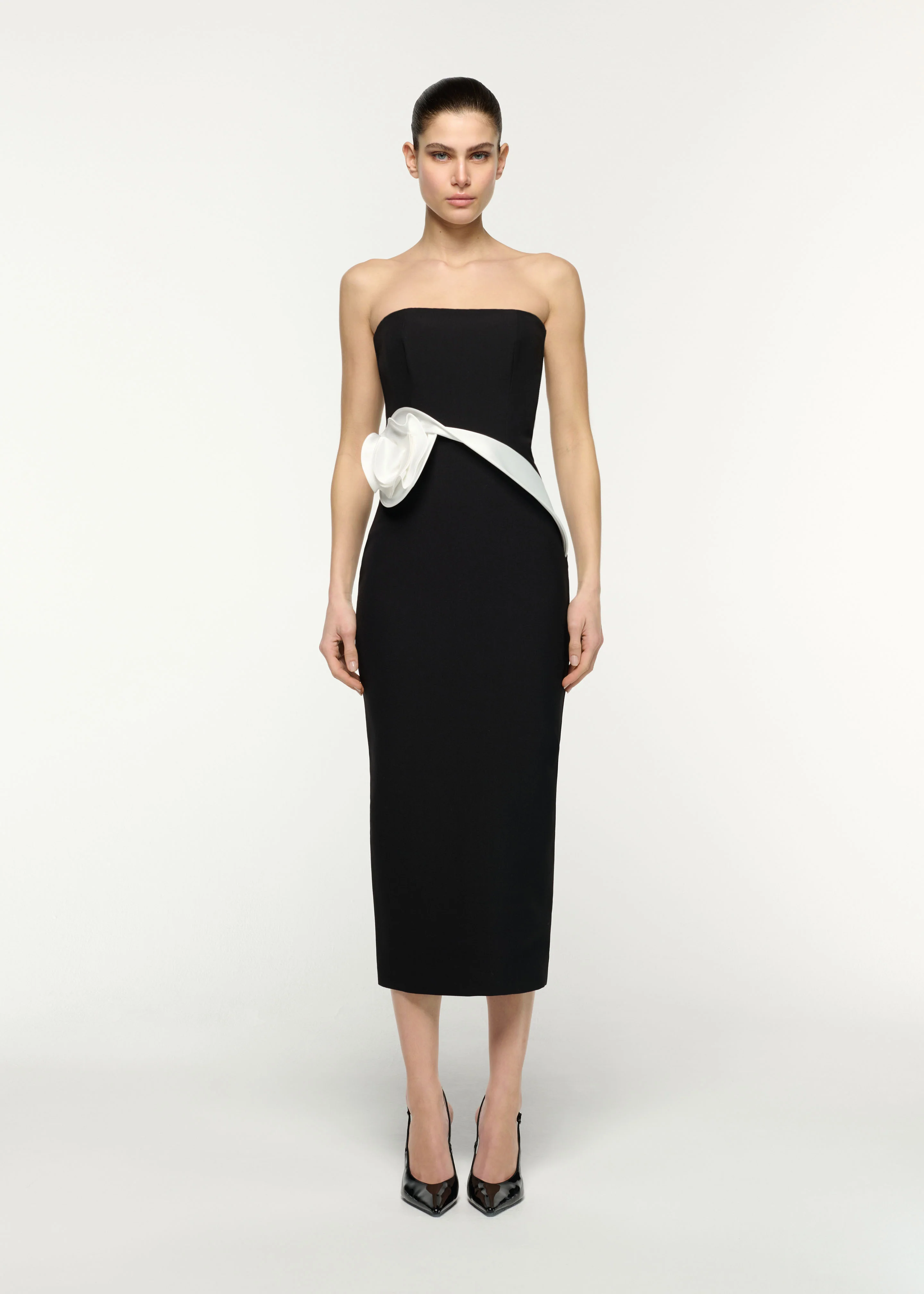 Flower Detail Strapless Column Midi Dress