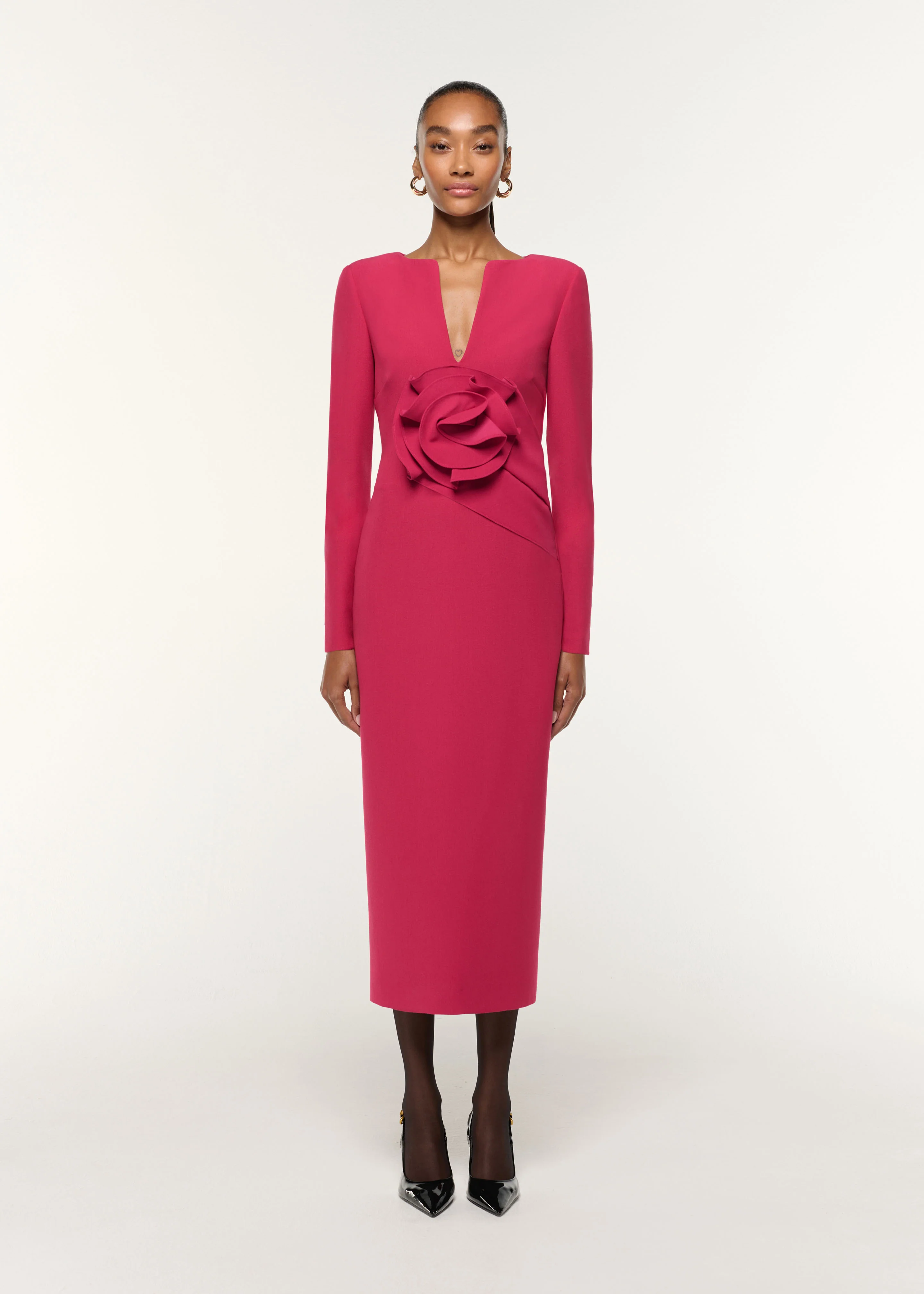 Flower Drape Crepe Midi Dress