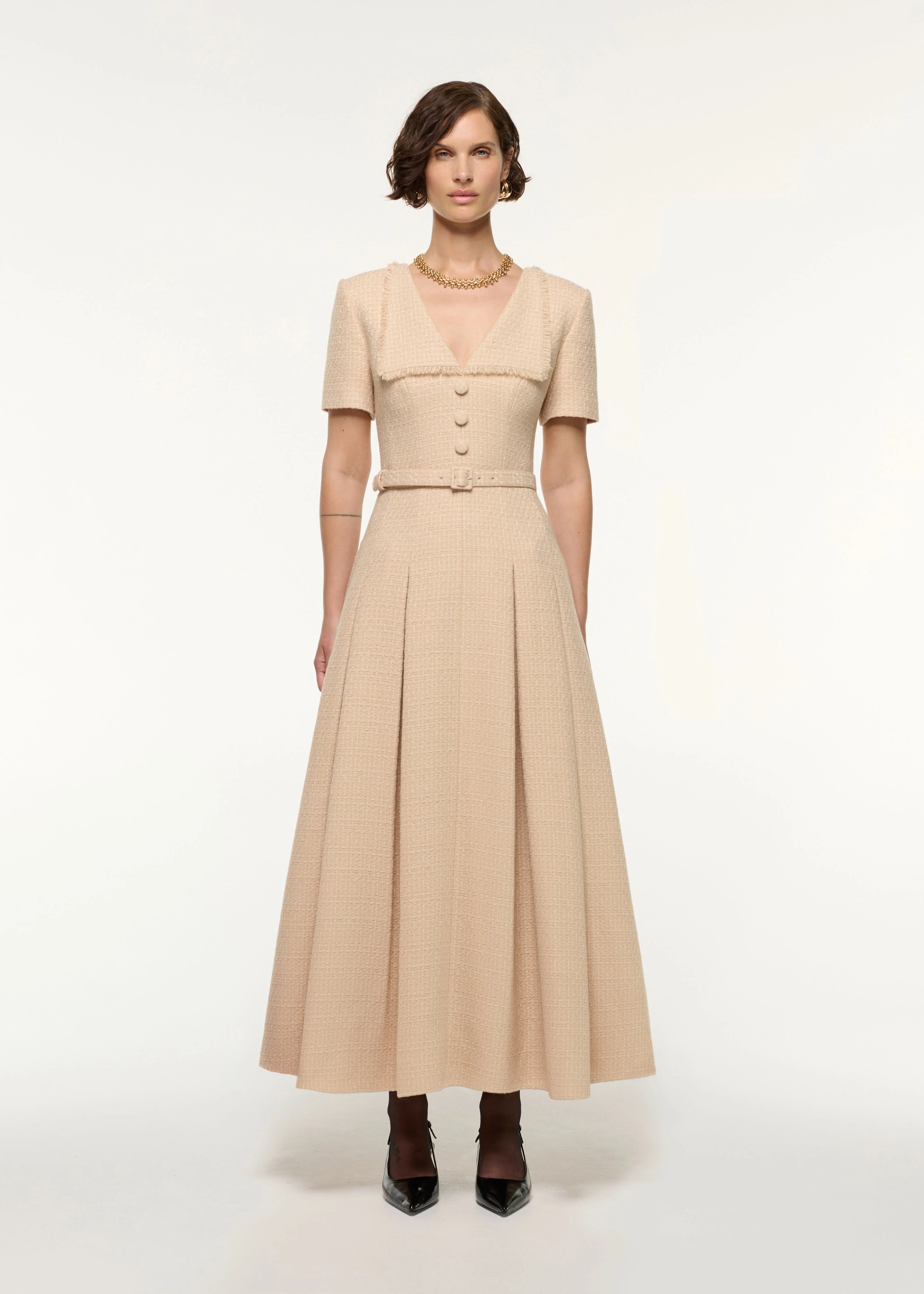 Folded Collar Belted Boucle Dress