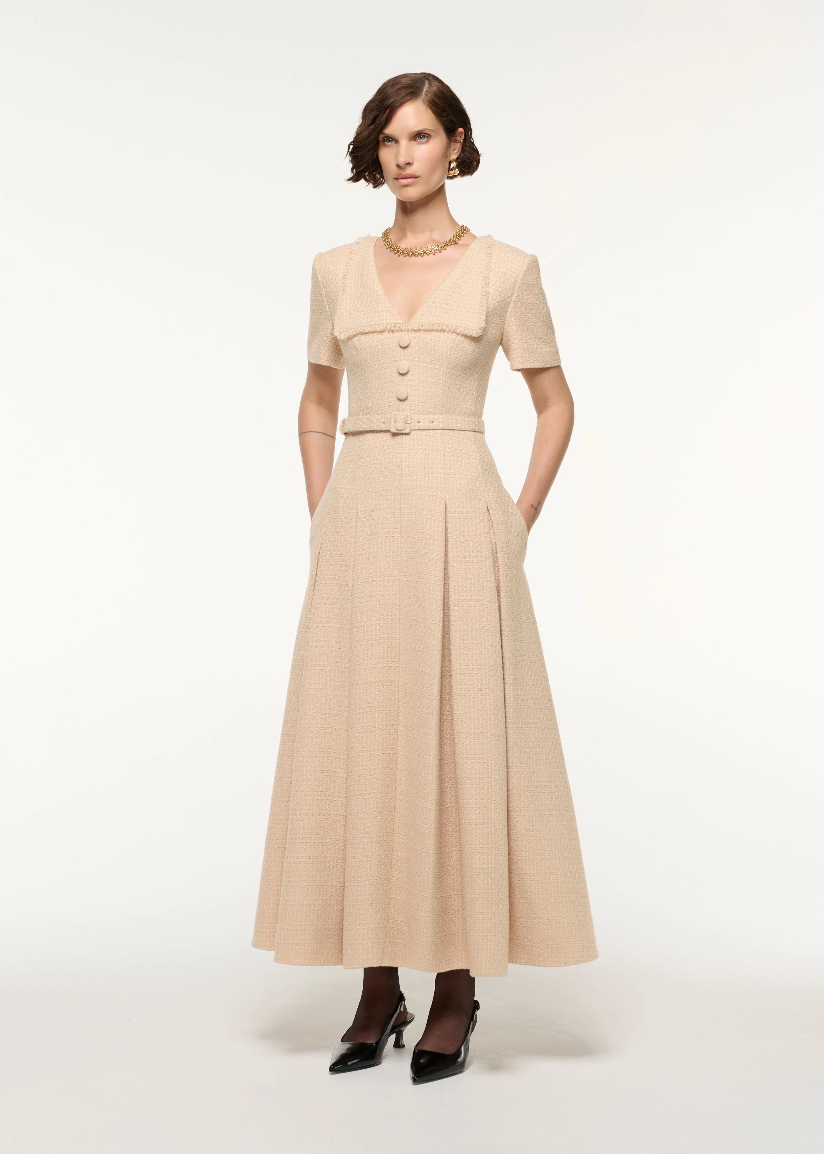 Folded Collar Belted Boucle Dress - Image 2