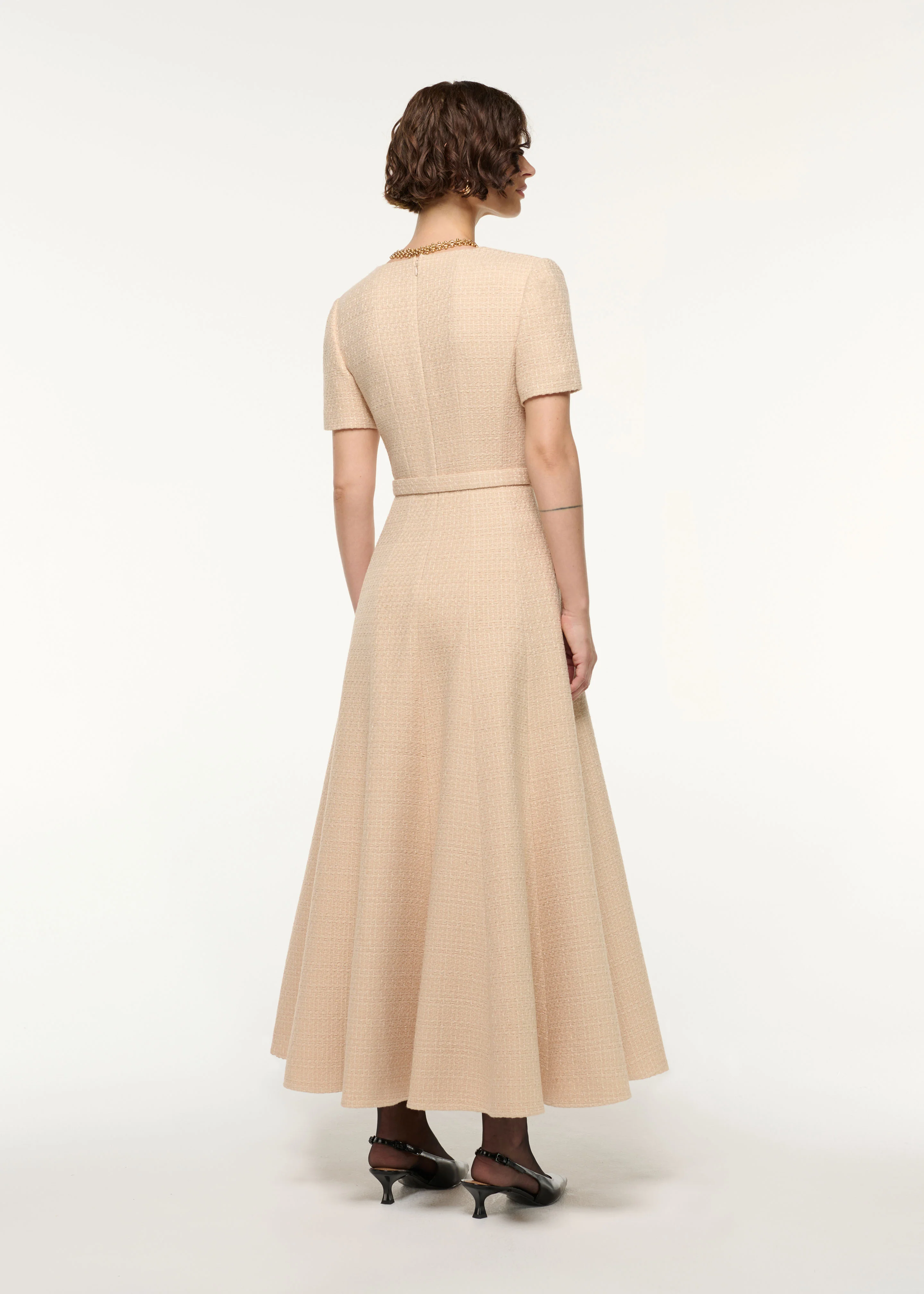 Folded Collar Belted Boucle Dress - Image 3