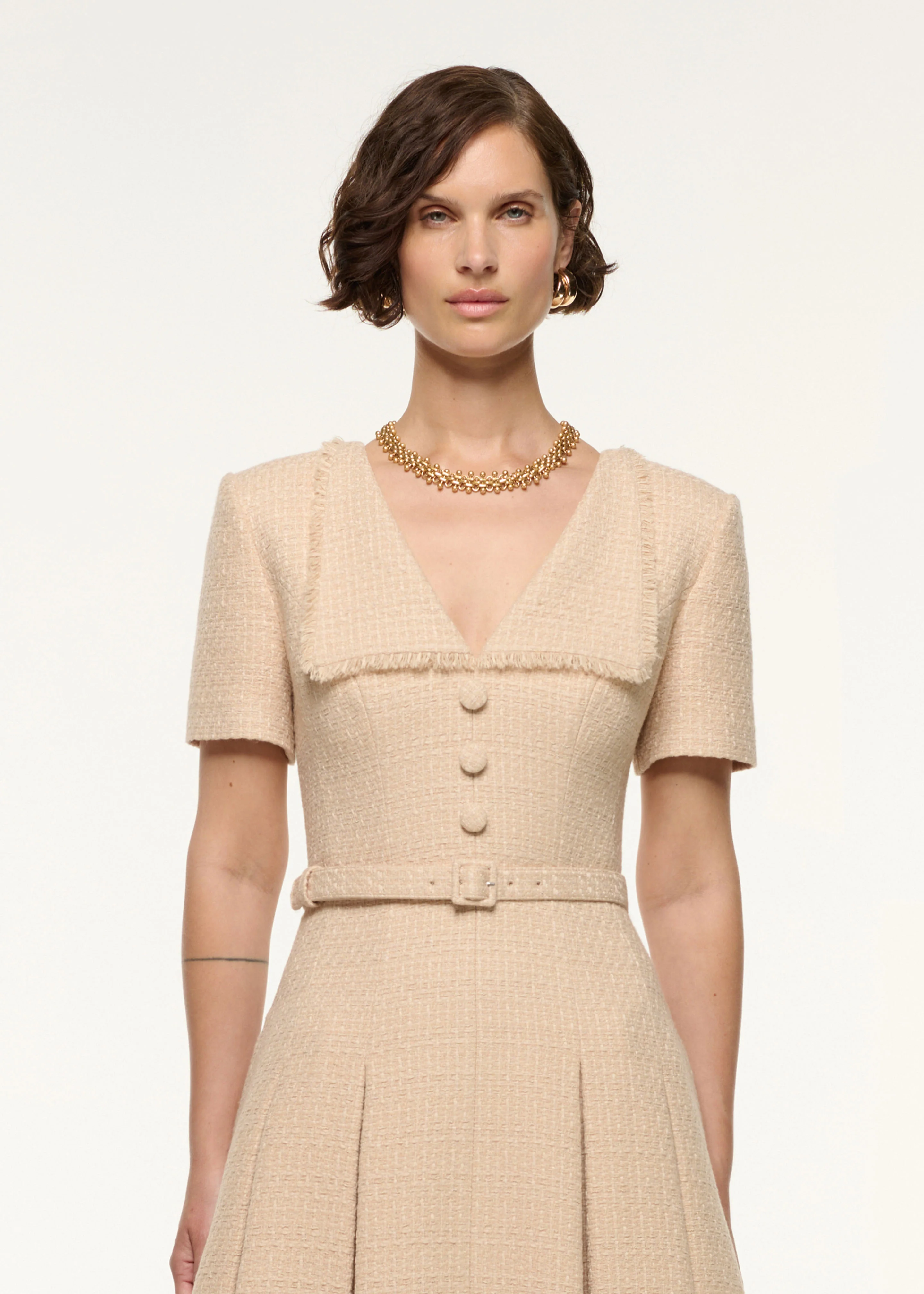 Folded Collar Belted Boucle Dress - Image 4