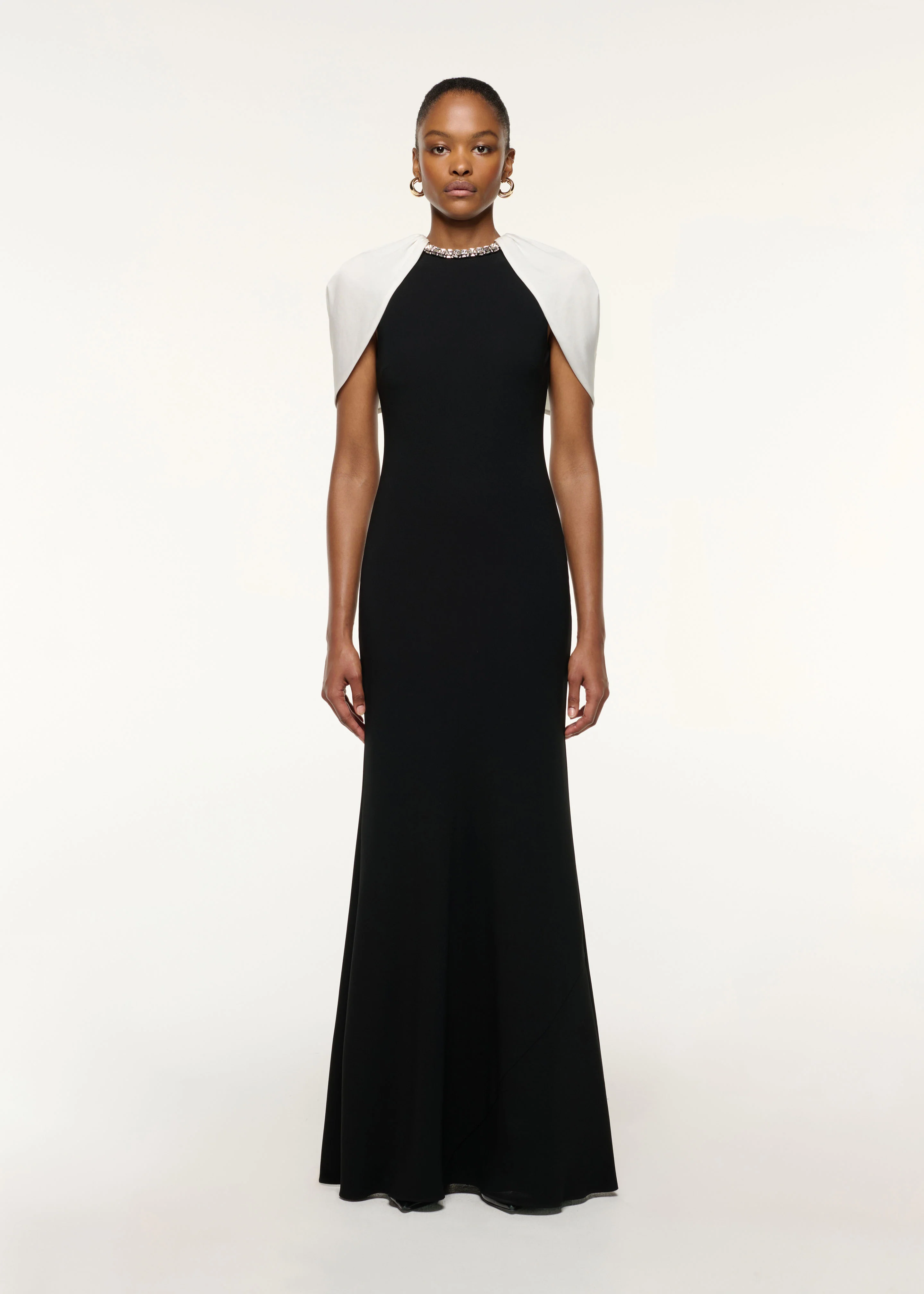 Gathered Shawl Crystal Trim Neckline Gown