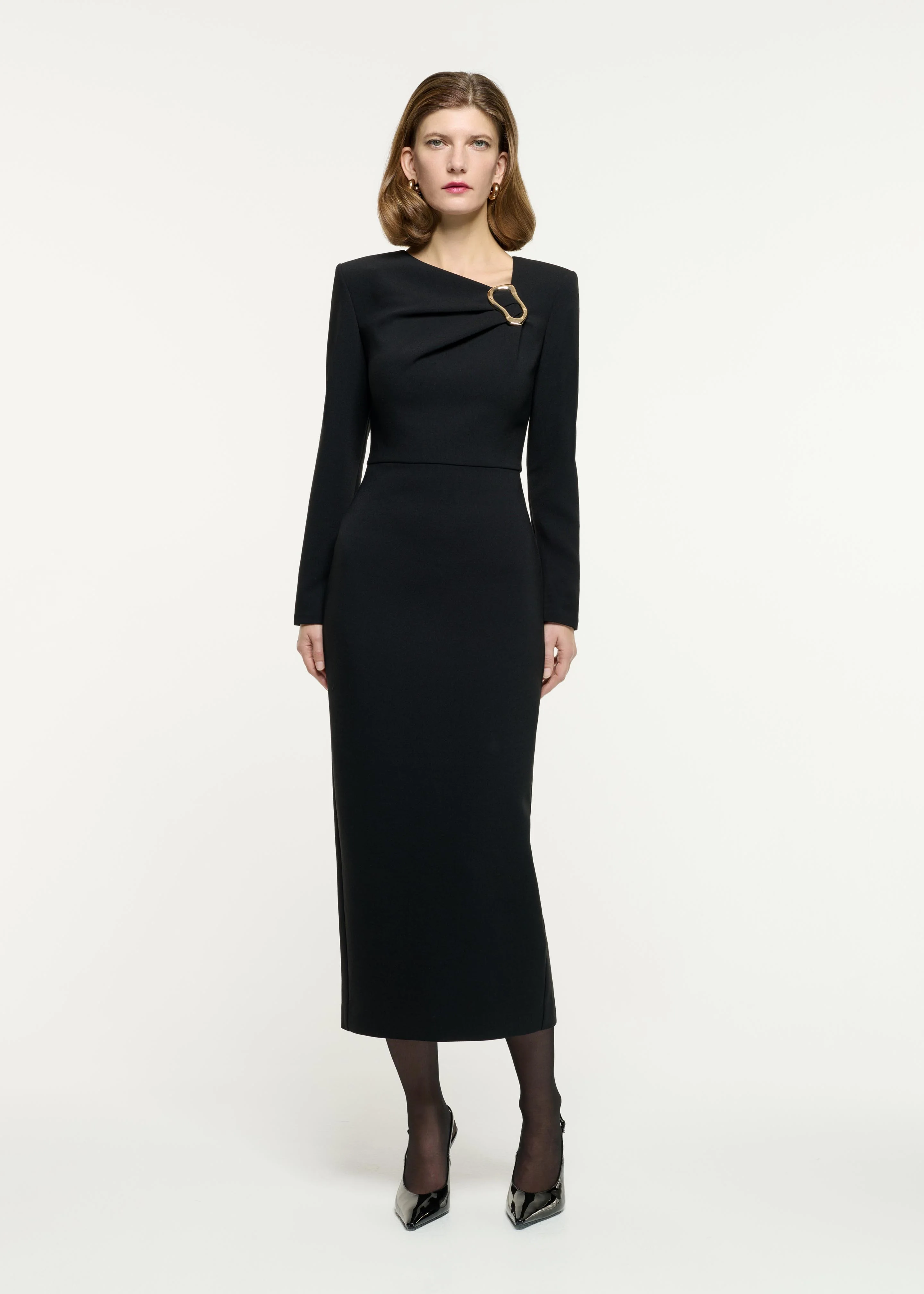 Long Sleeve Buckle Crepe Midi Dress