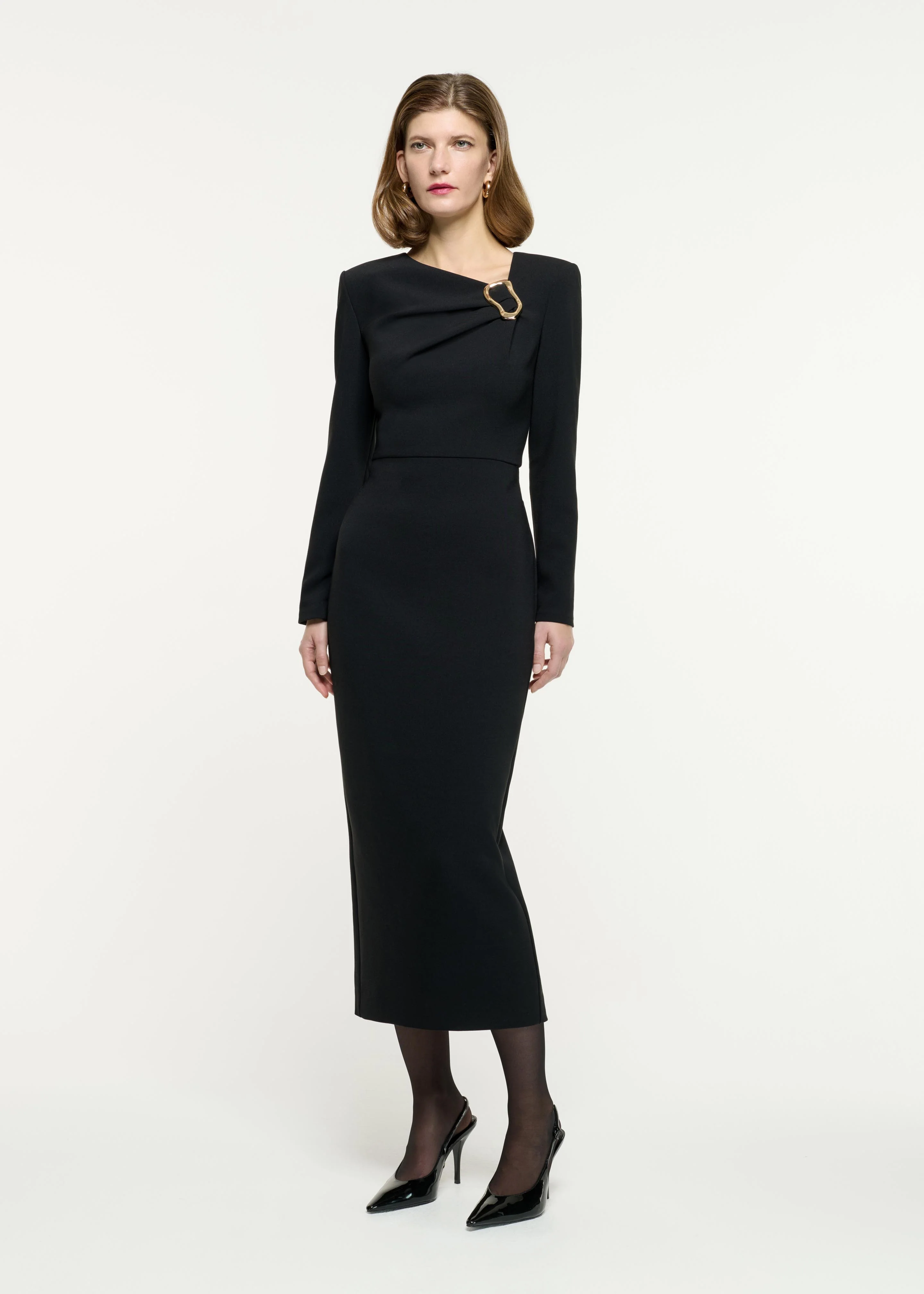 Long Sleeve Buckle Crepe Midi Dress - Image 2