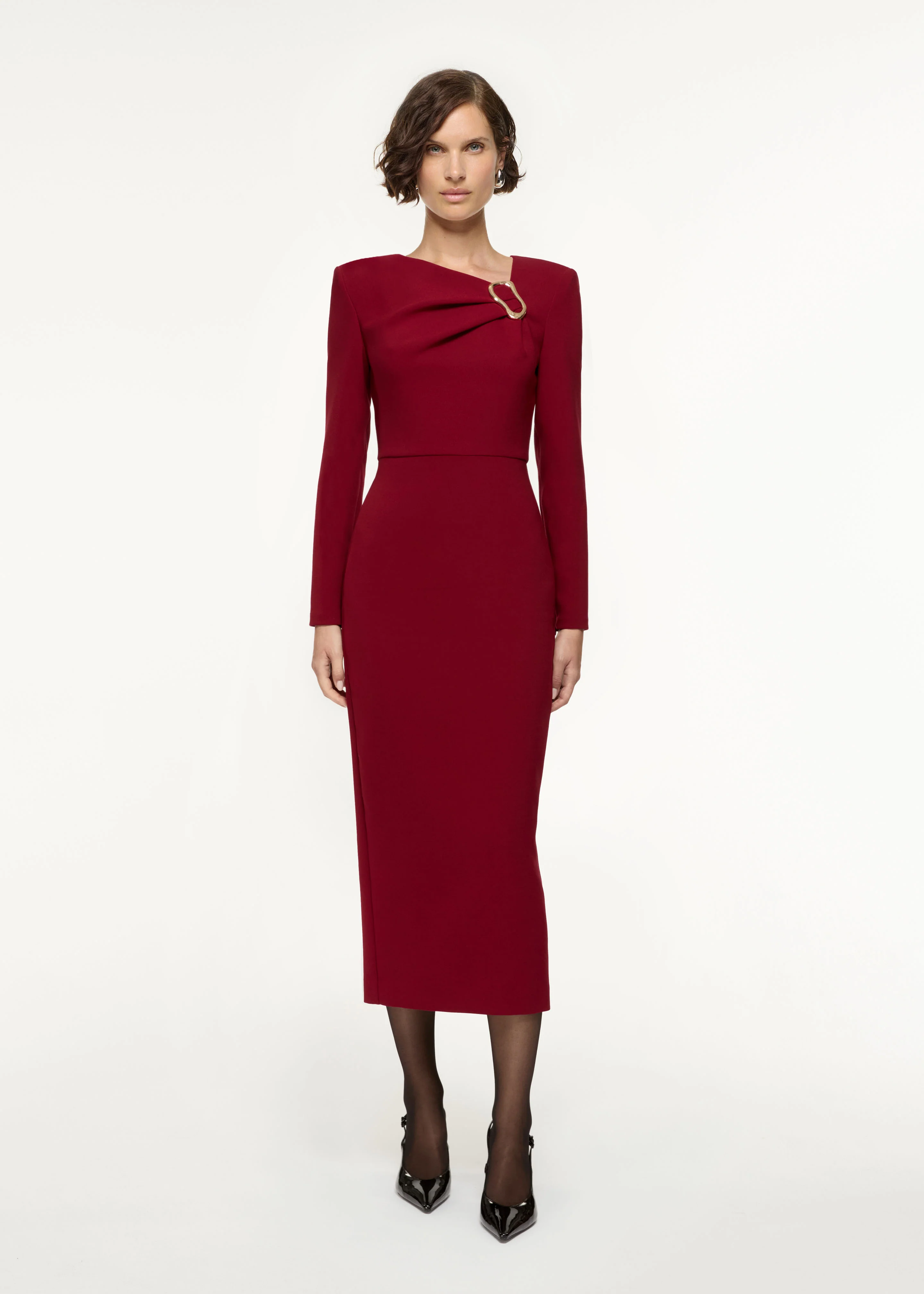 Long Sleeve Buckle Crepe Midi Dress