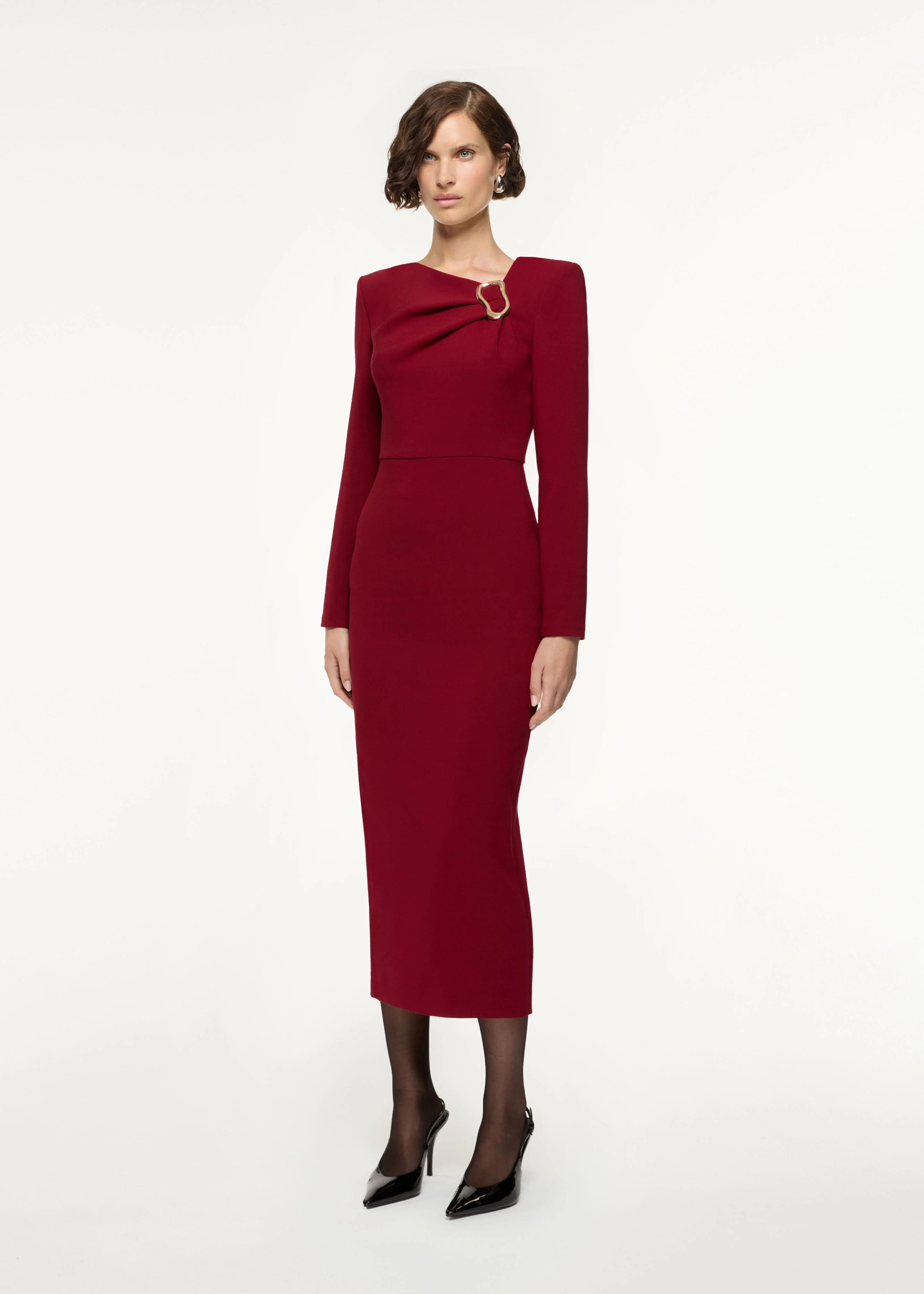 Long Sleeve Buckle Crepe Midi Dress - Image 2