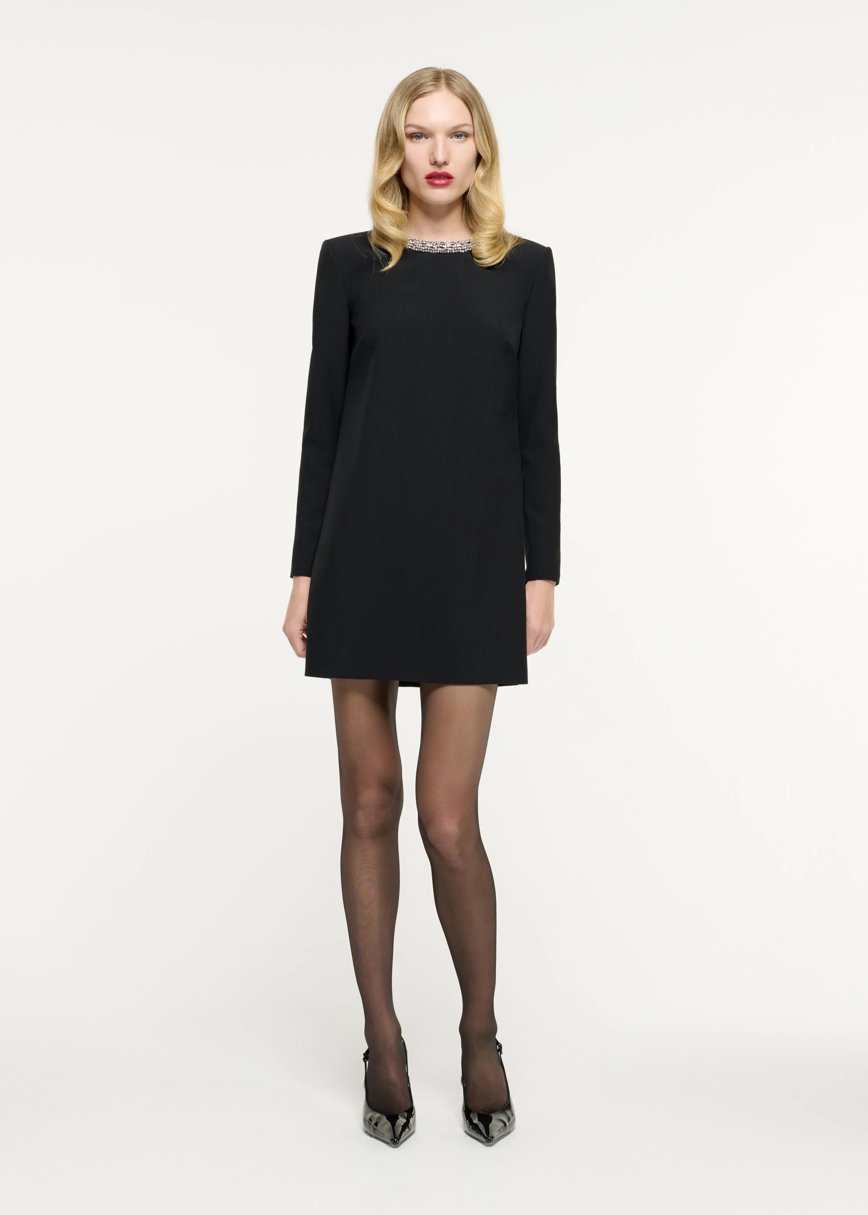 Long Sleeve Embellished Crepe Mini Dress